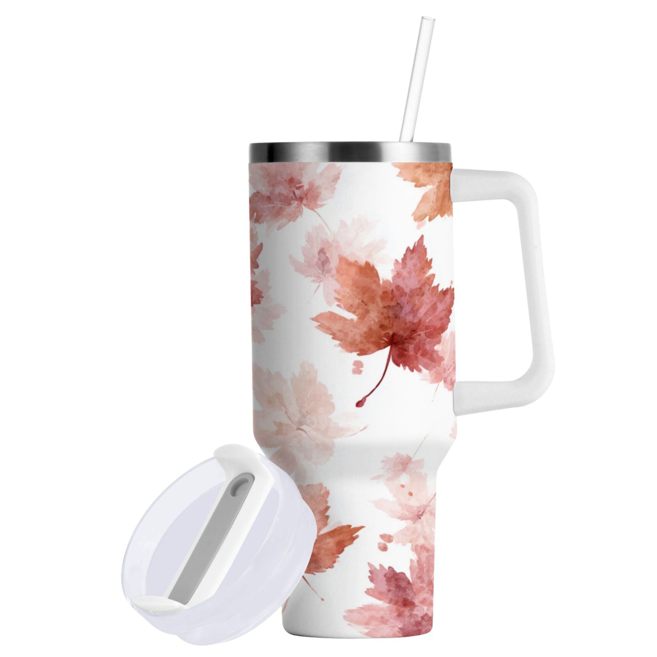30 oz Insulated Stainless Steel Tumbler Double Wall Stainless Steel Tumbler with 2-Way Drinking Watercolor Pink Maple Leaves C624J