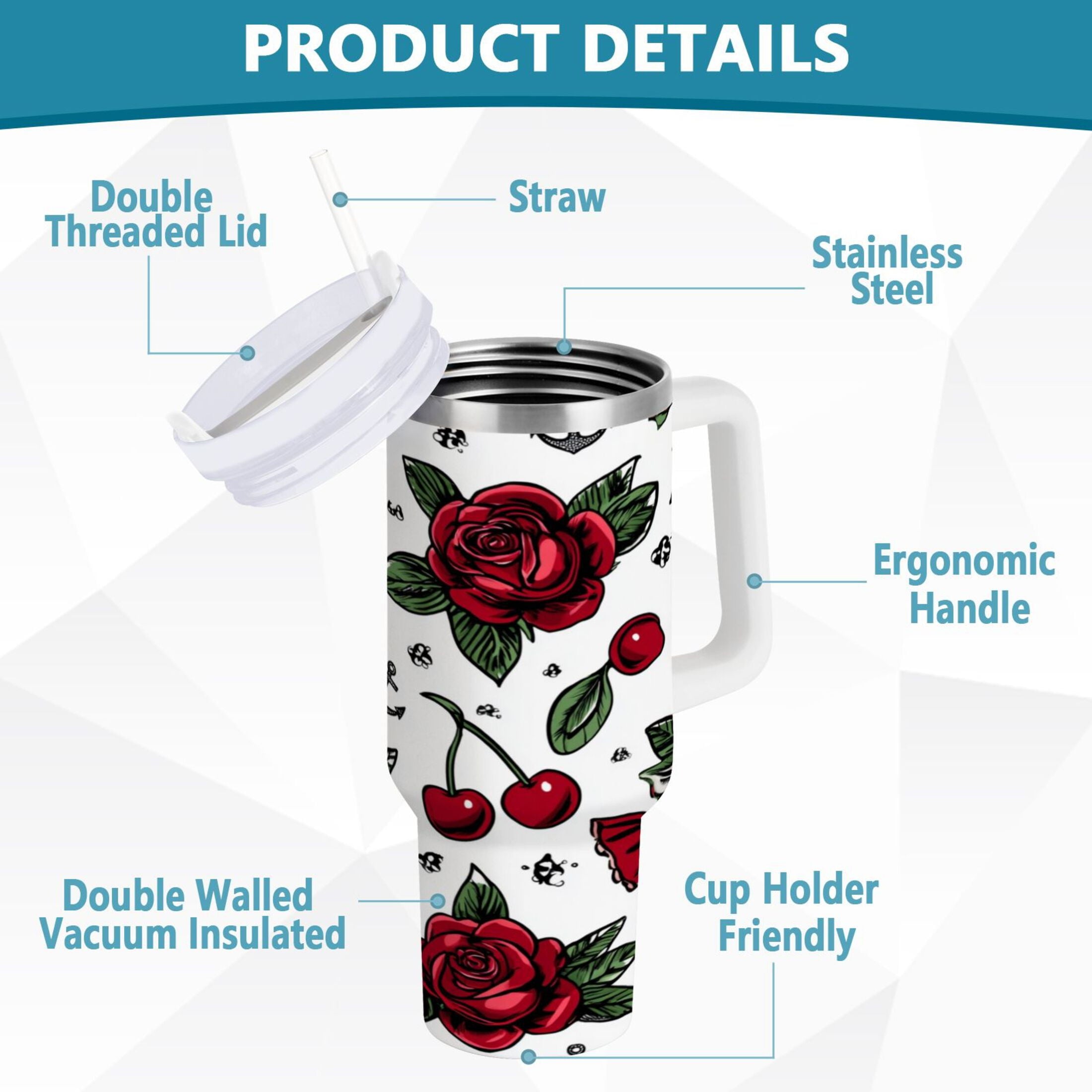 40 oz Insulated Stainless Steel Tumbler Double Wall Stainless Steel Tumbler with 2-Way Drinking Red Roses and Cherries C599D