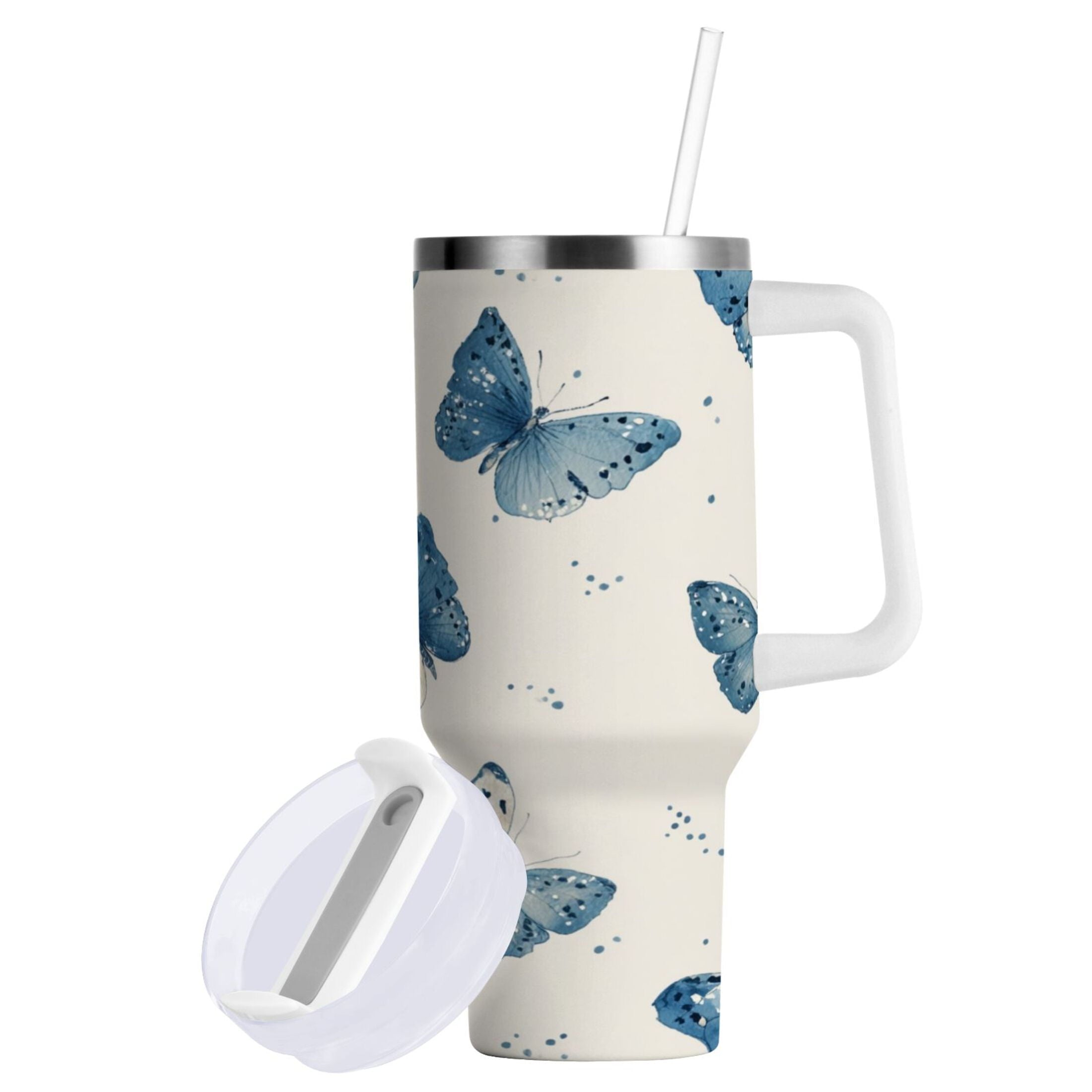 30 oz Insulated Stainless Steel Tumbler Double Wall Stainless Steel Tumbler with 2-Way Drinking Blue Watercolor Butterflies C572J