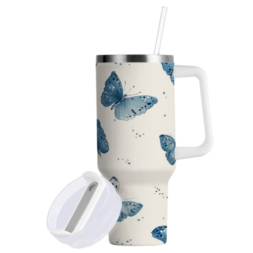 30 oz Insulated Stainless Steel Tumbler Double Wall Stainless Steel Tumbler with 2-Way Drinking Blue Watercolor Butterflies C572J