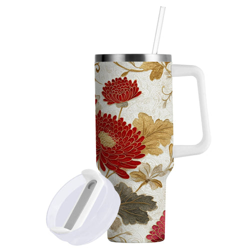 30 oz Insulated Stainless Steel Tumbler Double Wall Stainless Steel Tumbler with 2-Way Drinking Red Chrysanthemum Pattern C676E