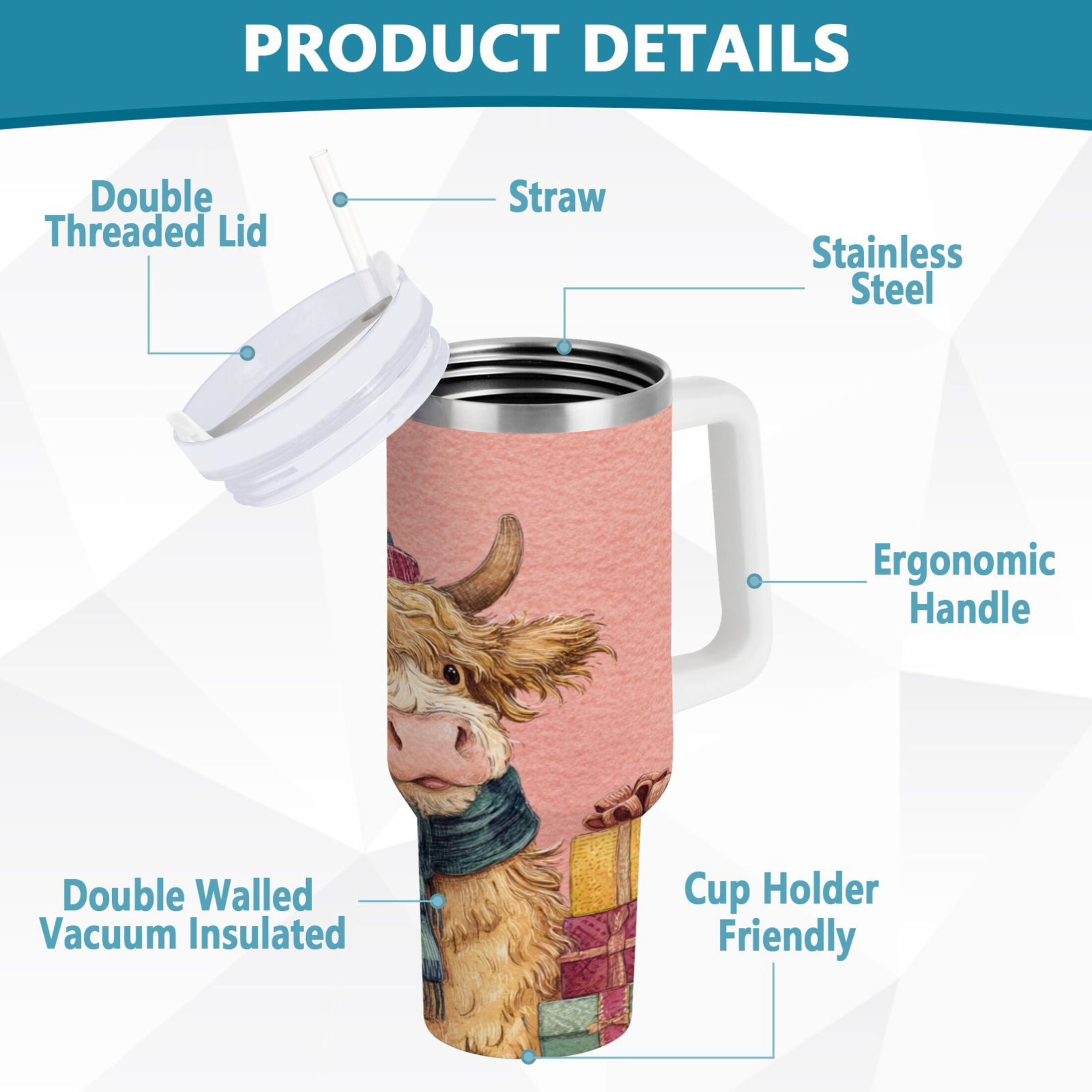 30 oz Insulated Stainless Steel Tumbler Double Wall Stainless Steel Tumbler with 2-Way Drinking Cow Wearing Scarf and Hat C663H