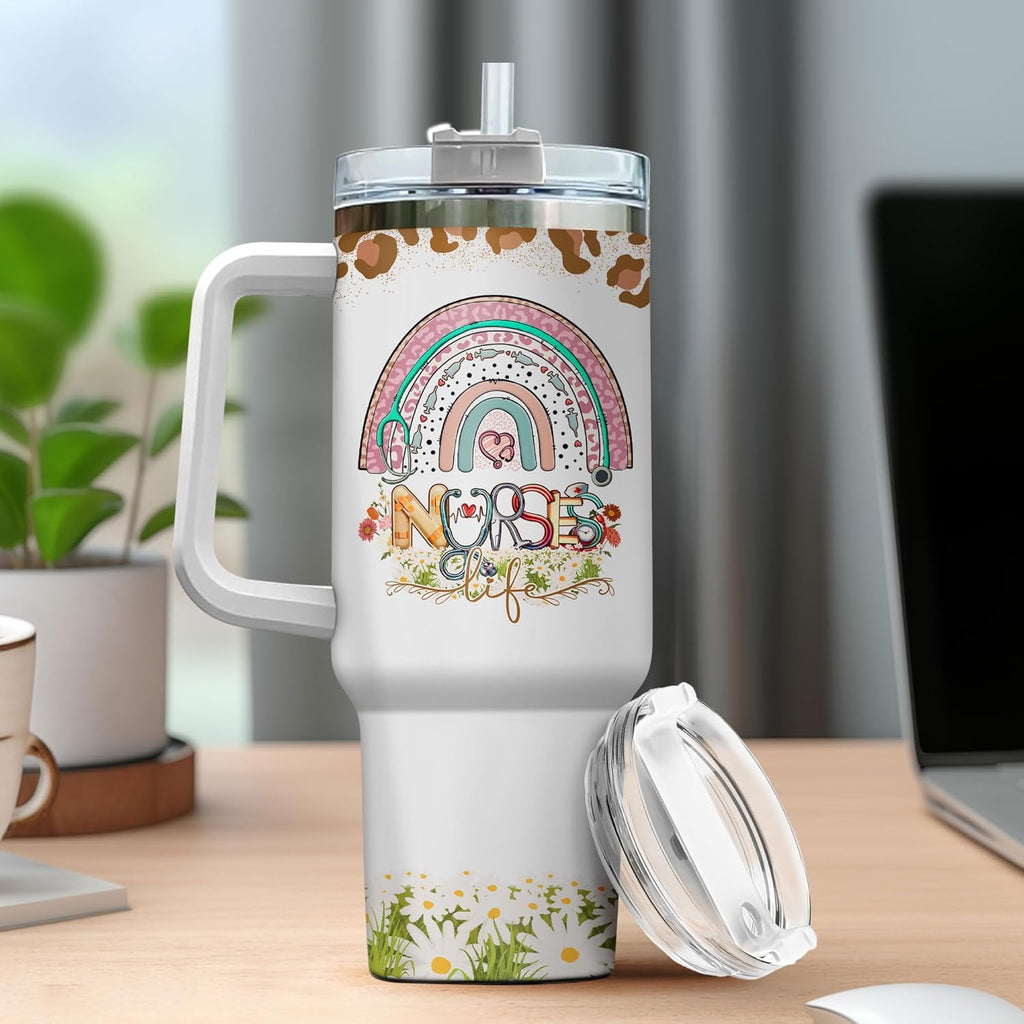 Tumbler 40 Oz With Handle Lid And Straw, Nurse Gifts, Black Camo White Engraved Print Travel Nurses Tumblers Handle Funny Cups Nursing For, Great Nurse Rainbow Daisy Flower C683A