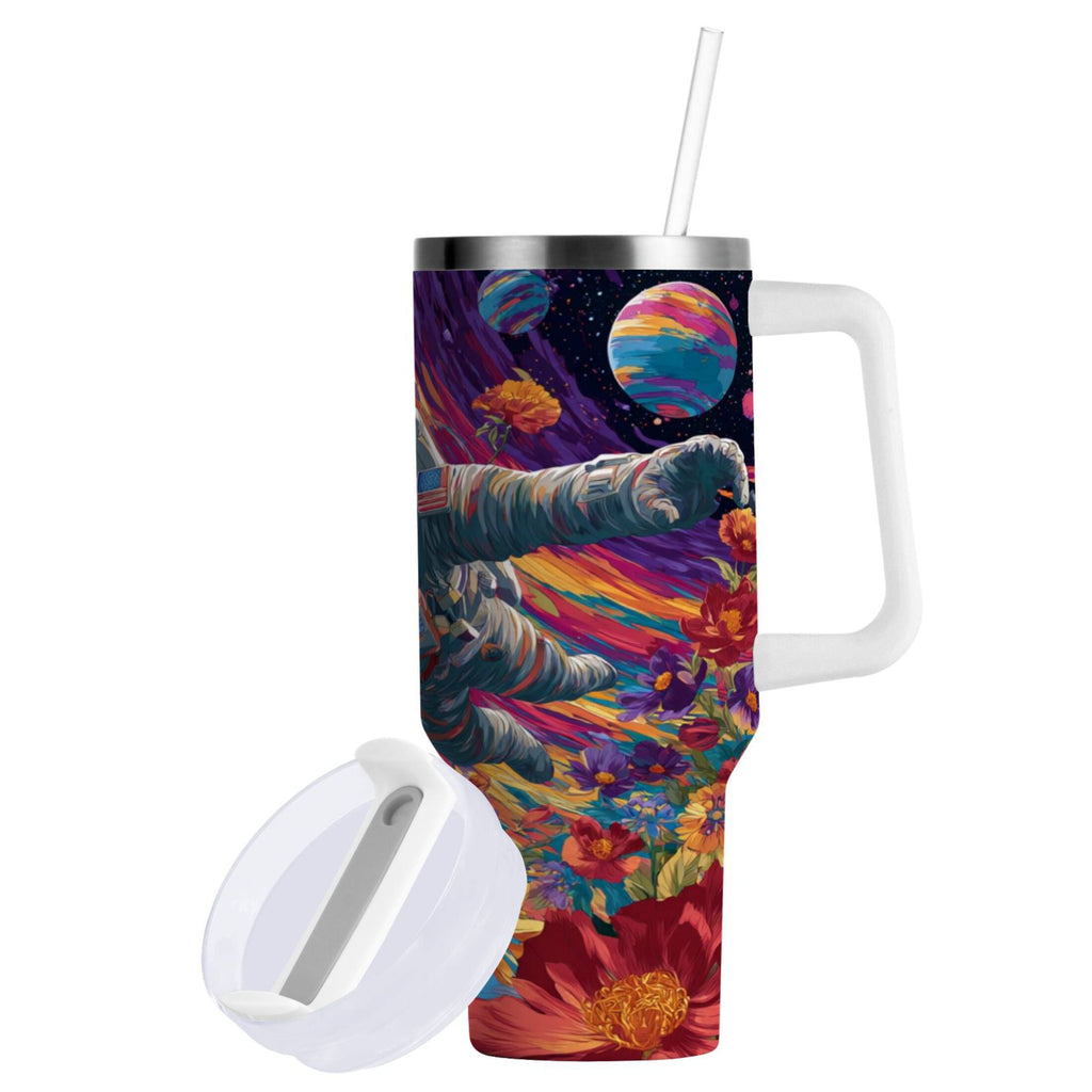 40 oz Insulated Stainless Steel Tumbler Double Wall Stainless Steel Tumbler with 2-Way Drinking Colorful Flowers and Planets C598G