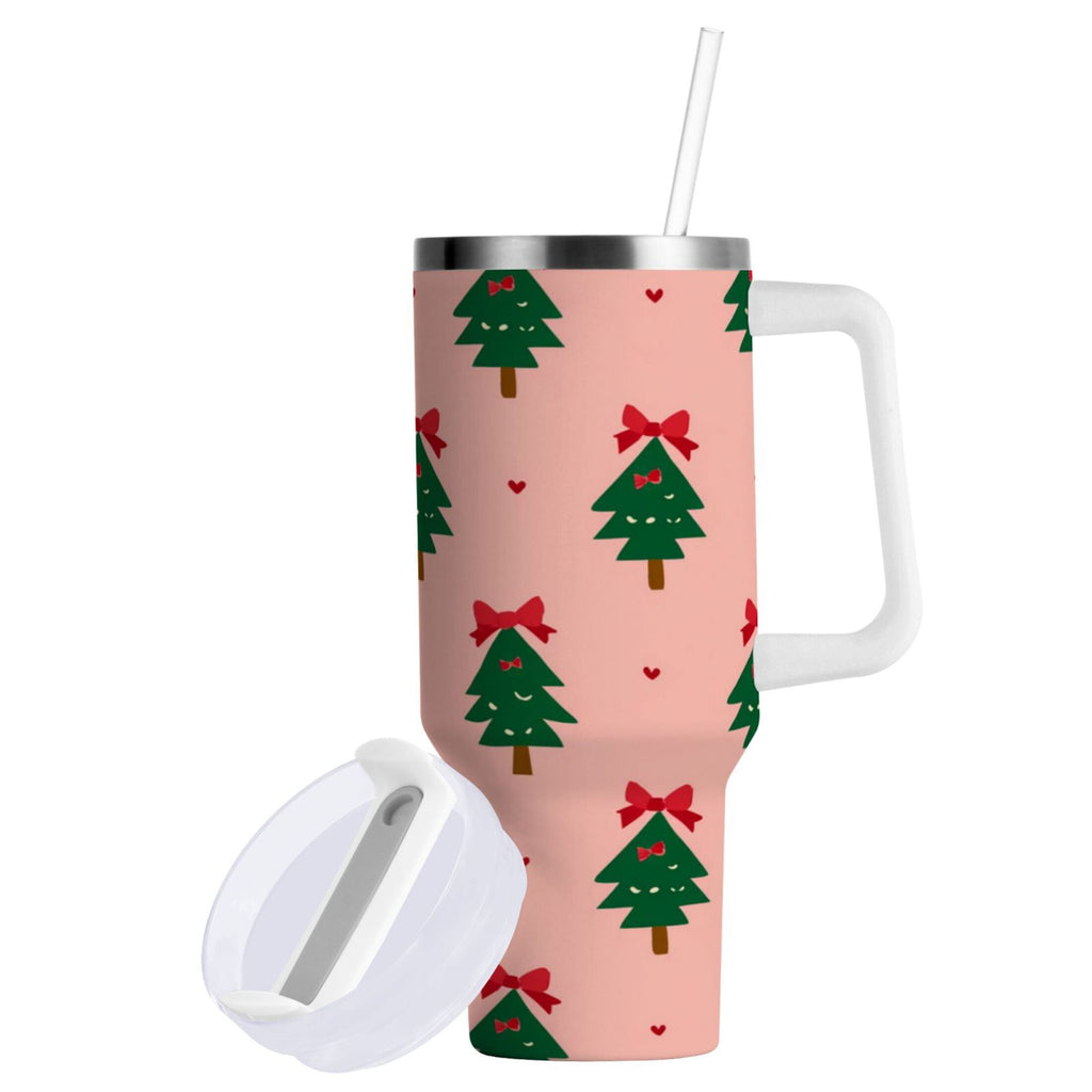 40 oz Insulated Stainless Steel Tumbler Double Wall Stainless Steel Tumbler with 2-Way Drinking Green Trees and Red Bows C468G