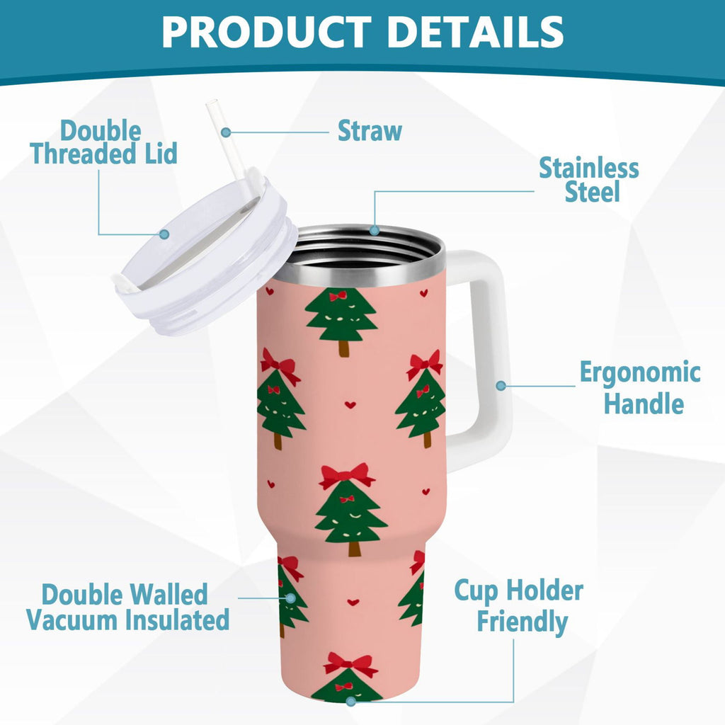 40 oz Insulated Stainless Steel Tumbler Double Wall Stainless Steel Tumbler with 2-Way Drinking Green Trees and Red Bows C468G
