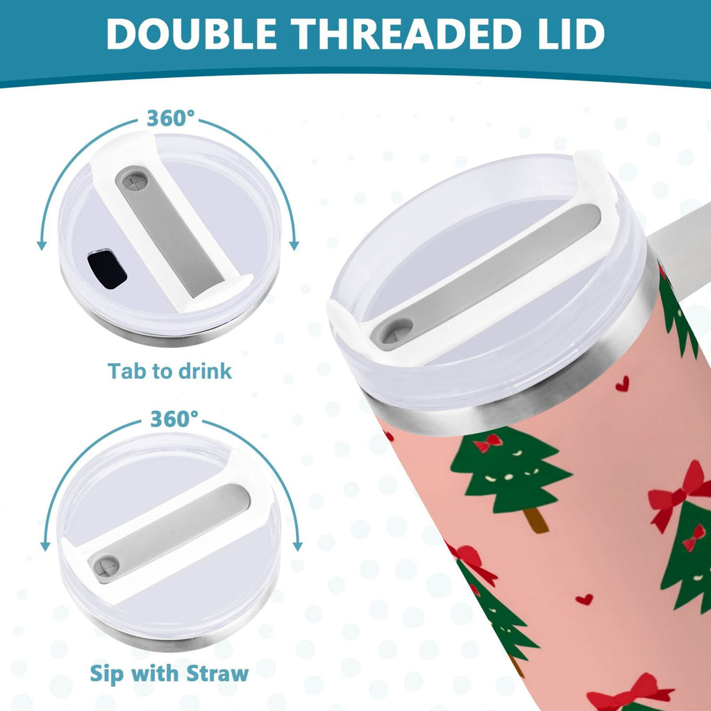 40 oz Insulated Stainless Steel Tumbler Double Wall Stainless Steel Tumbler with 2-Way Drinking Green Trees and Red Bows C468G