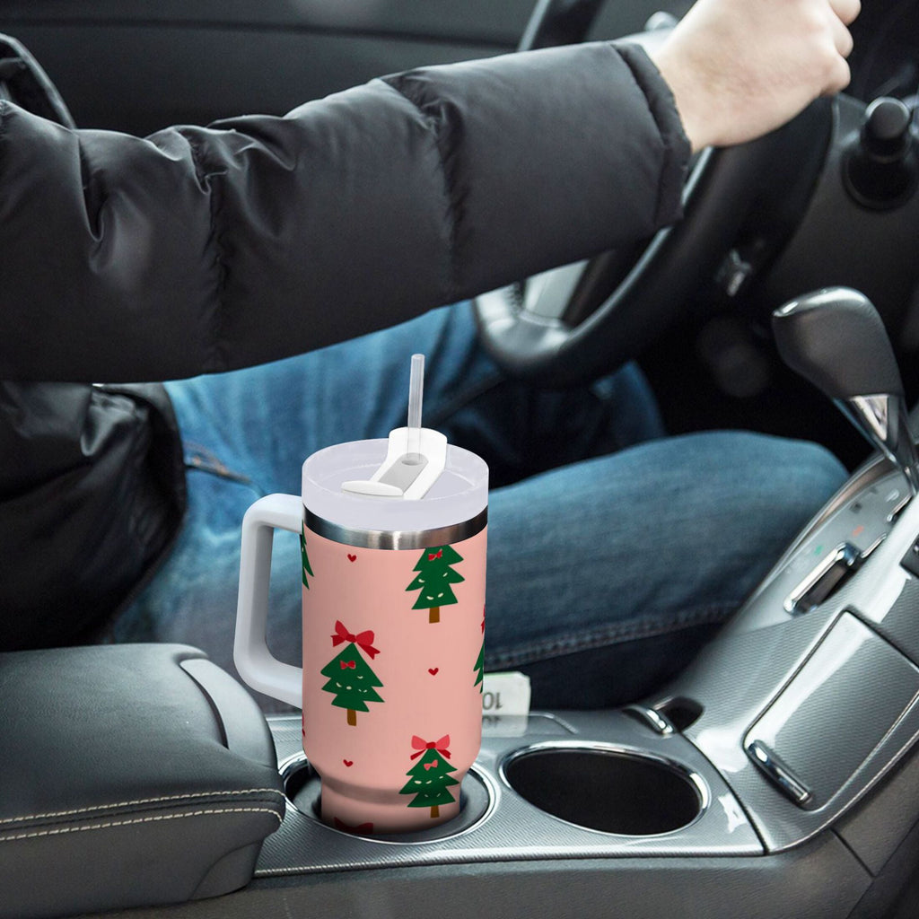 40 oz Insulated Stainless Steel Tumbler Double Wall Stainless Steel Tumbler with 2-Way Drinking Green Trees and Red Bows C468G