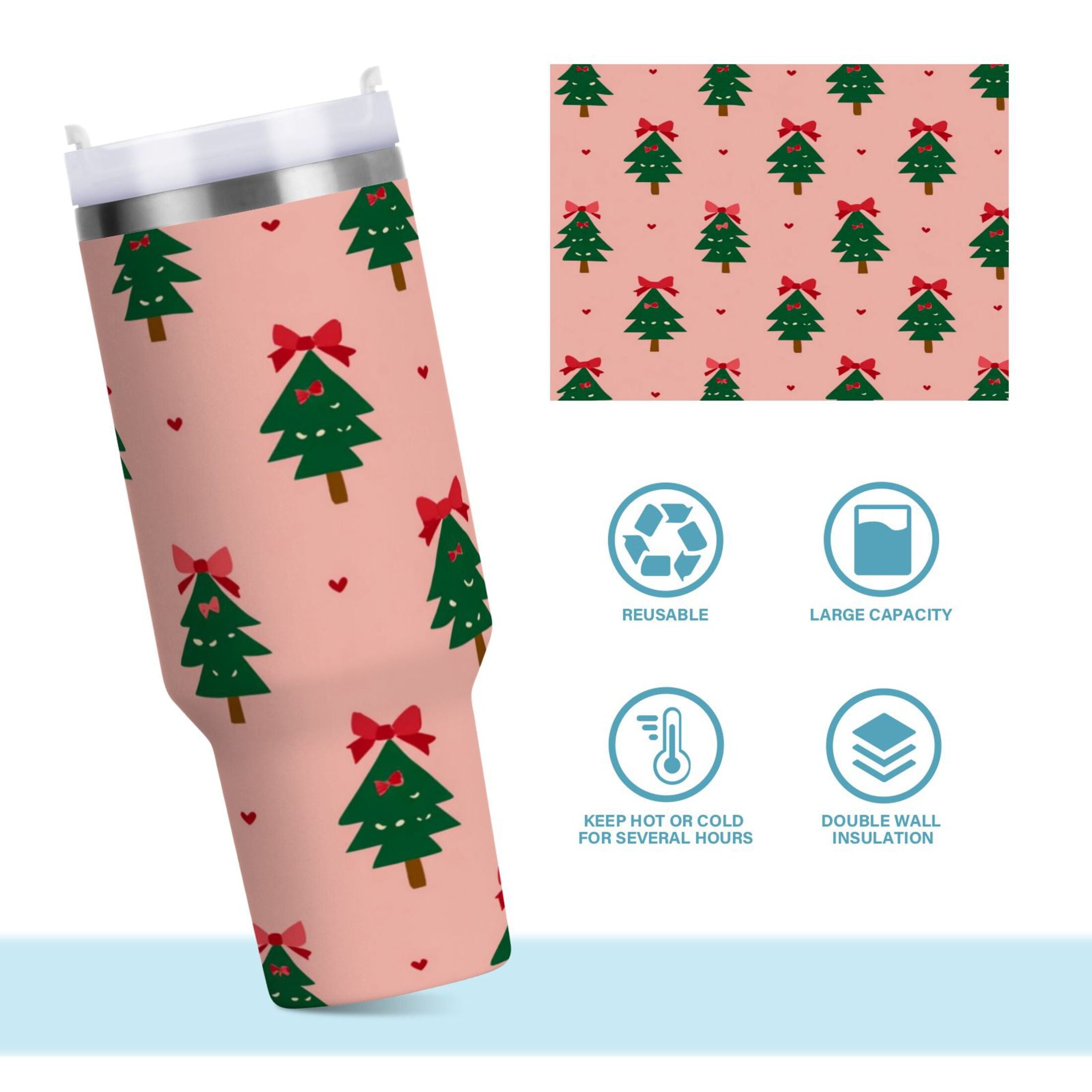 40 oz Insulated Stainless Steel Tumbler Double Wall Stainless Steel Tumbler with 2-Way Drinking Green Trees and Red Bows C468G