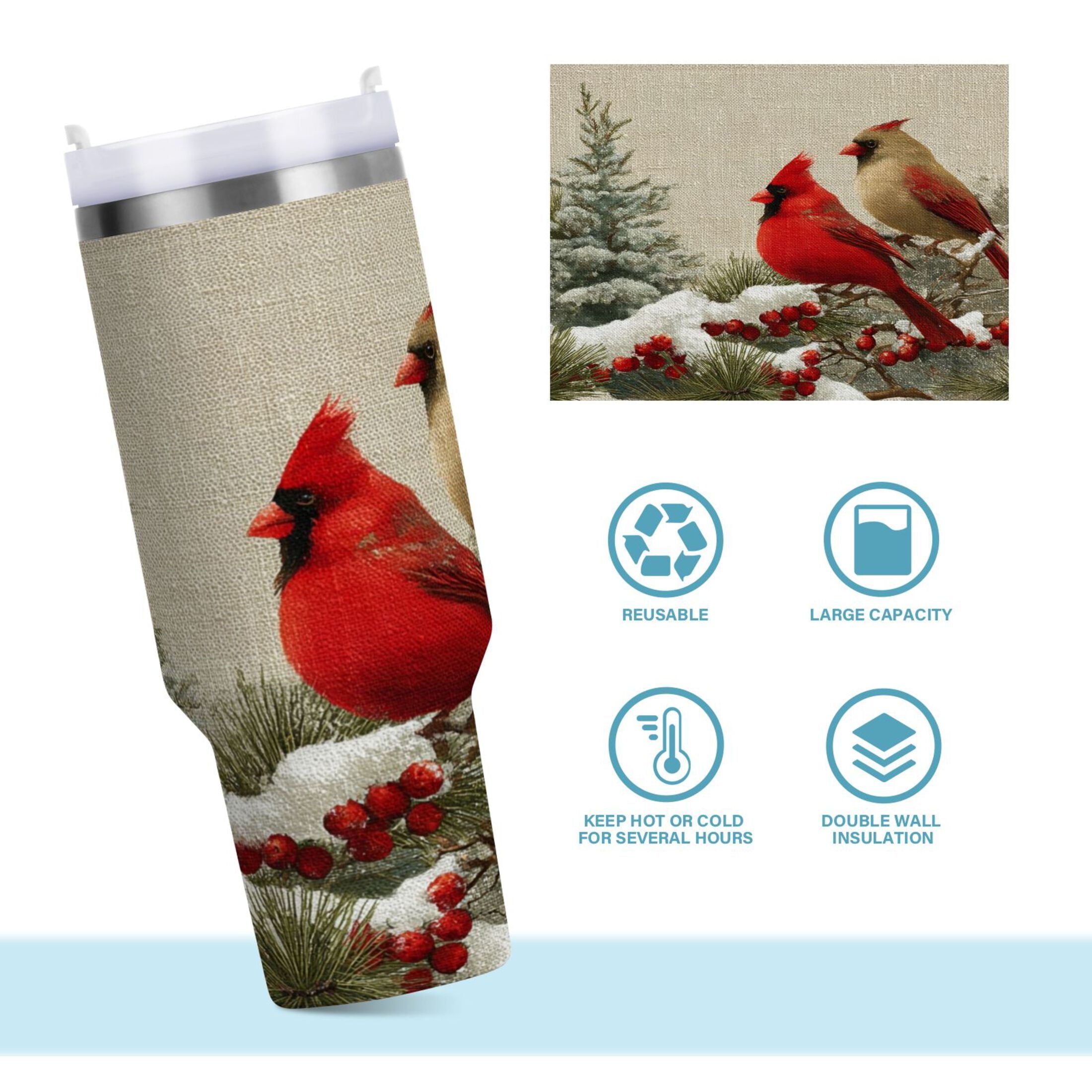 30 oz Insulated Stainless Steel Tumbler Double Wall Stainless Steel Tumbler with 2-Way Drinking Bird and Snow-covered Trees C615X