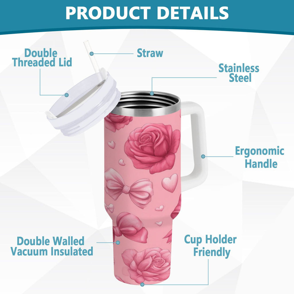 40 oz Insulated Stainless Steel Tumbler Double Wall Stainless Steel Tumbler with 2-Way Drinking Roses and Bows Pattern C661Z