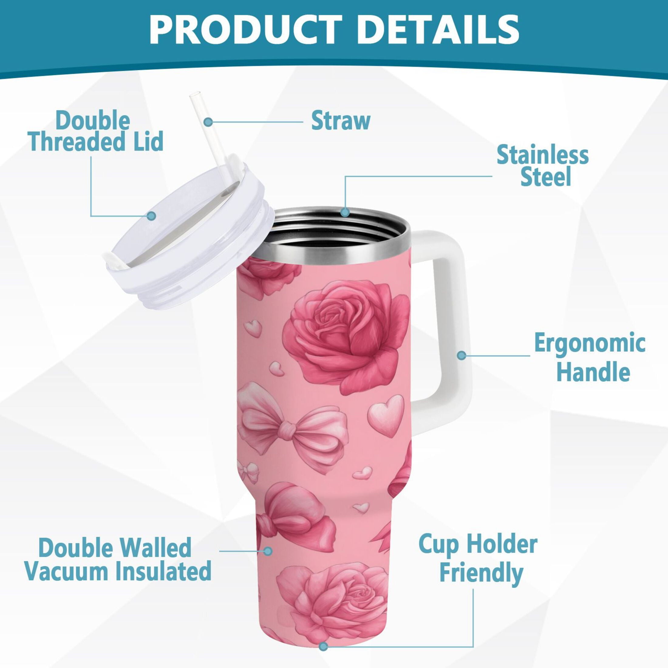 40 oz Insulated Stainless Steel Tumbler Double Wall Stainless Steel Tumbler with 2-Way Drinking Roses and Bows Pattern C661Z