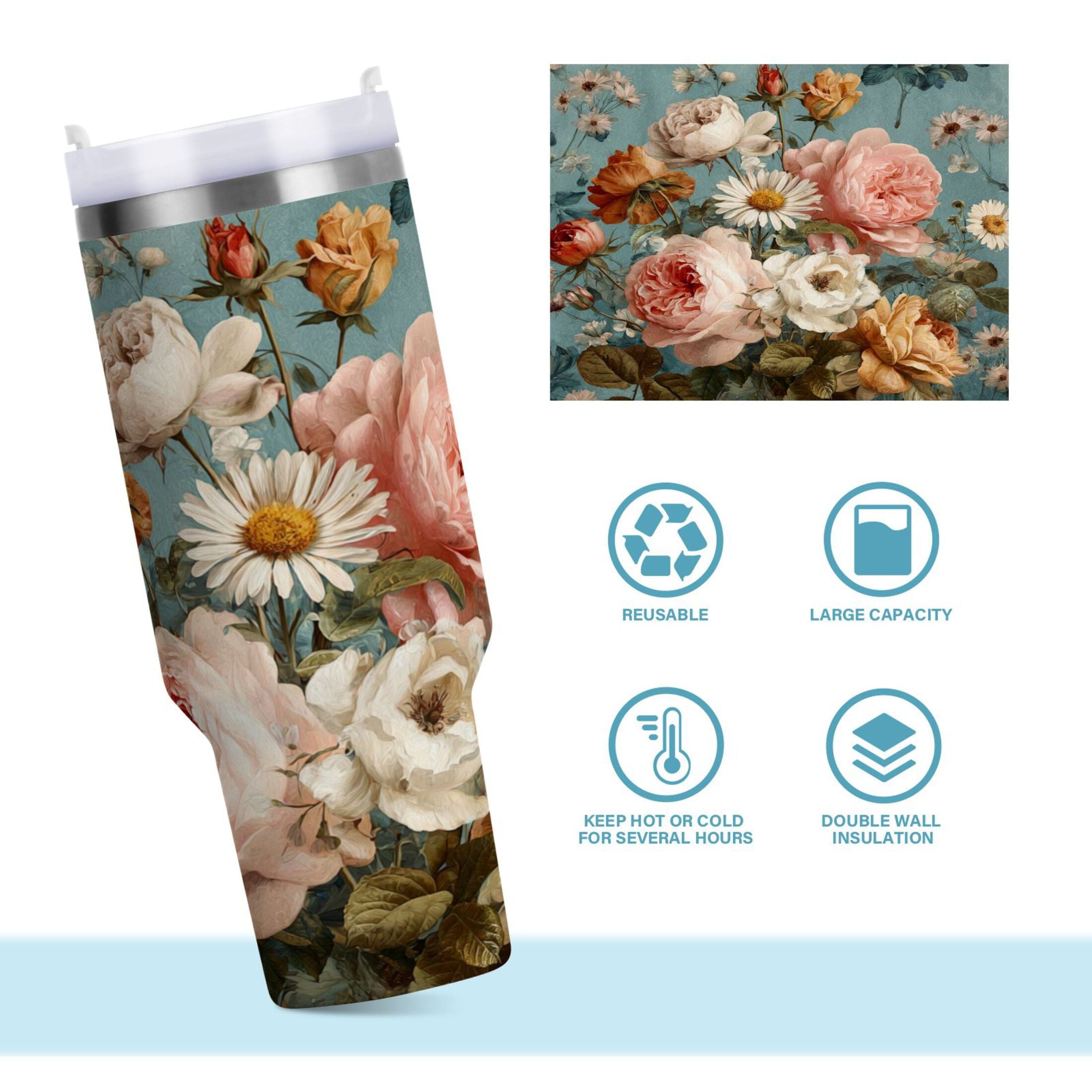 30 oz Insulated Stainless Steel Tumbler Double Wall Stainless Steel Tumbler with 2-Way Drinking Vintage Roses and Peonies C667T