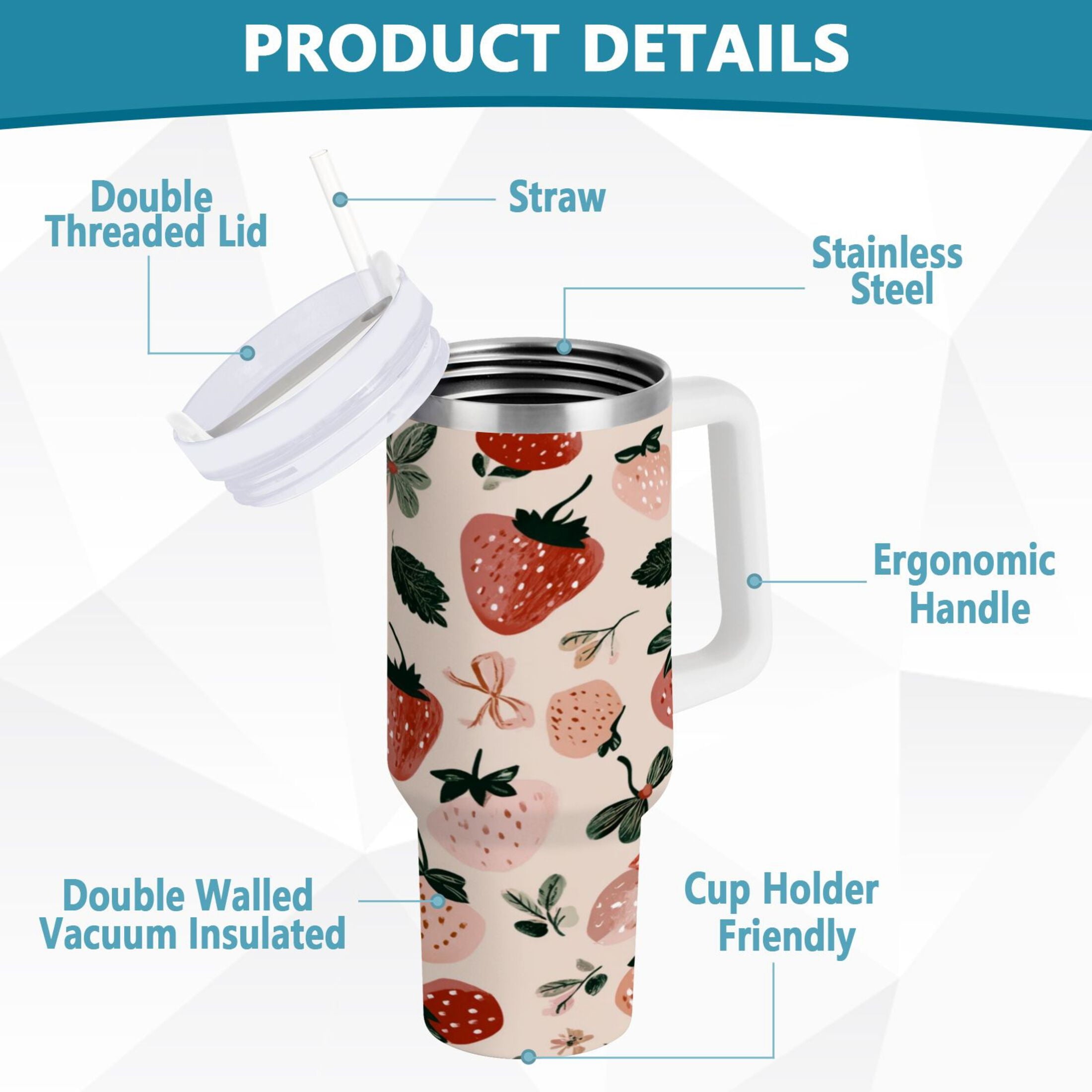 30 oz Insulated Stainless Steel Tumbler Double Wall Stainless Steel Tumbler with 2-Way Drinking Cute Pinks Strawberries C596A