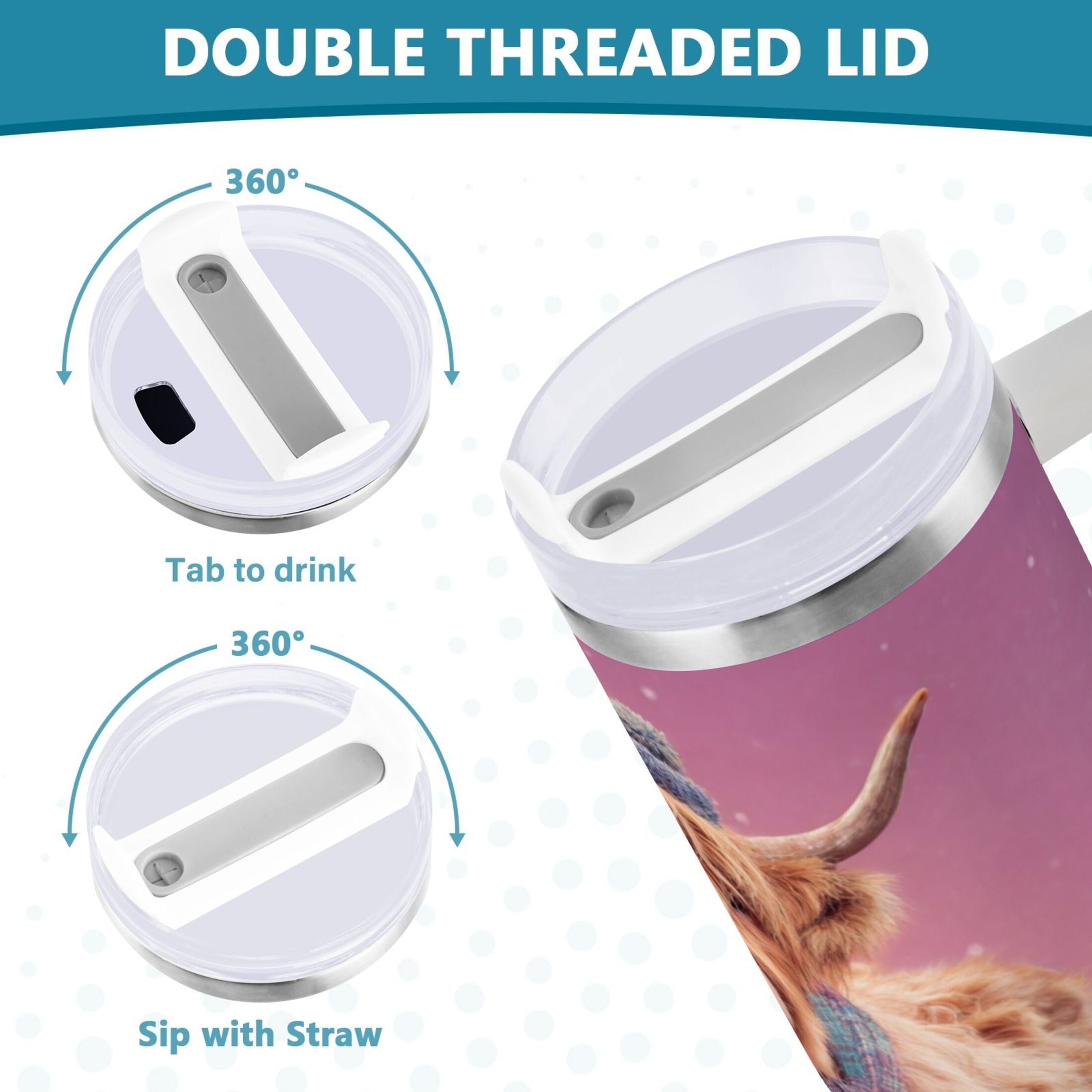 30 oz Insulated Stainless Steel Tumbler Double Wall Stainless Steel Tumbler with 2-Way Drinking Cow Wearing Christmas C626R