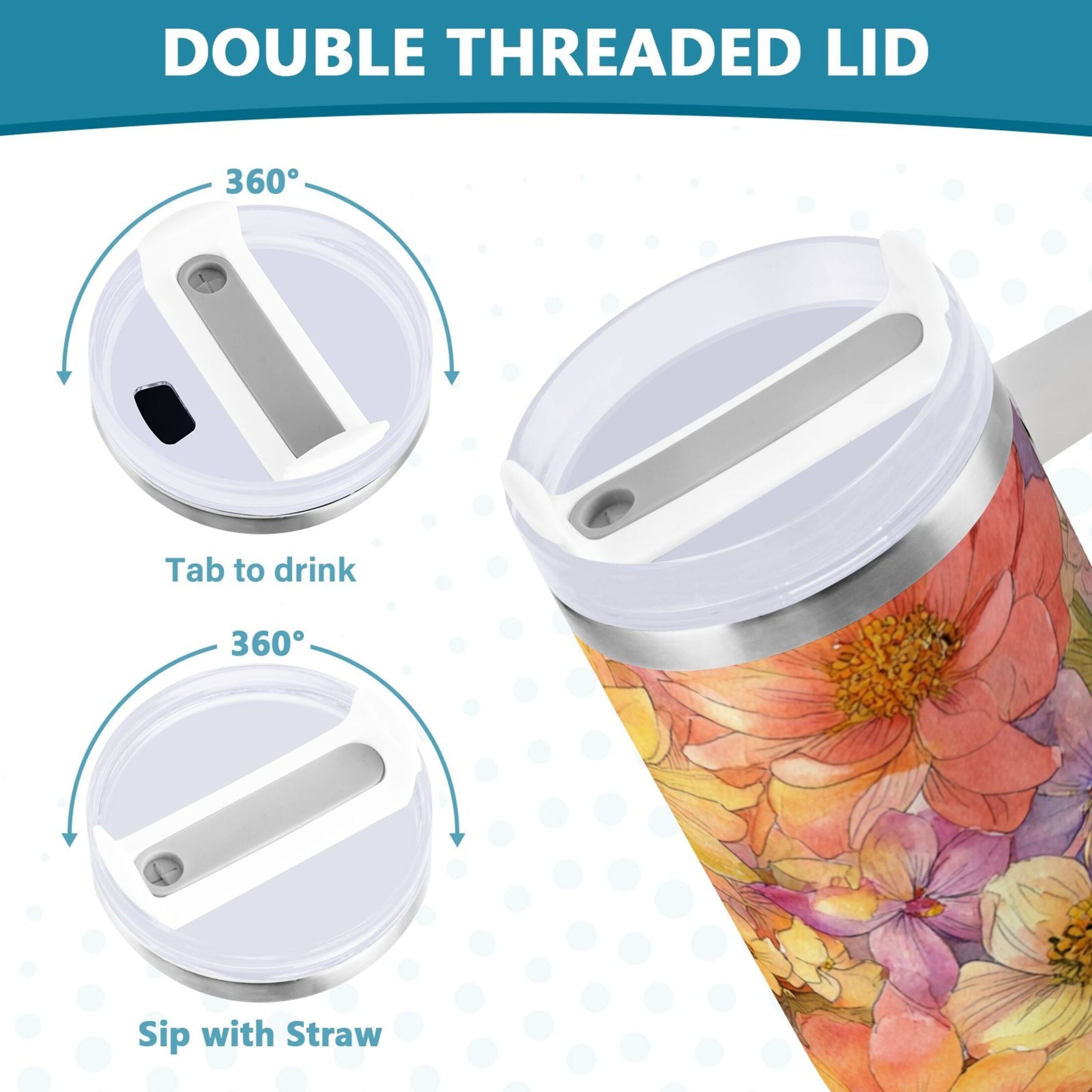 30 oz Insulated Stainless Steel Tumbler Double Wall Stainless Steel Tumbler with 2-Way Drinking Summer Blossoms C540G