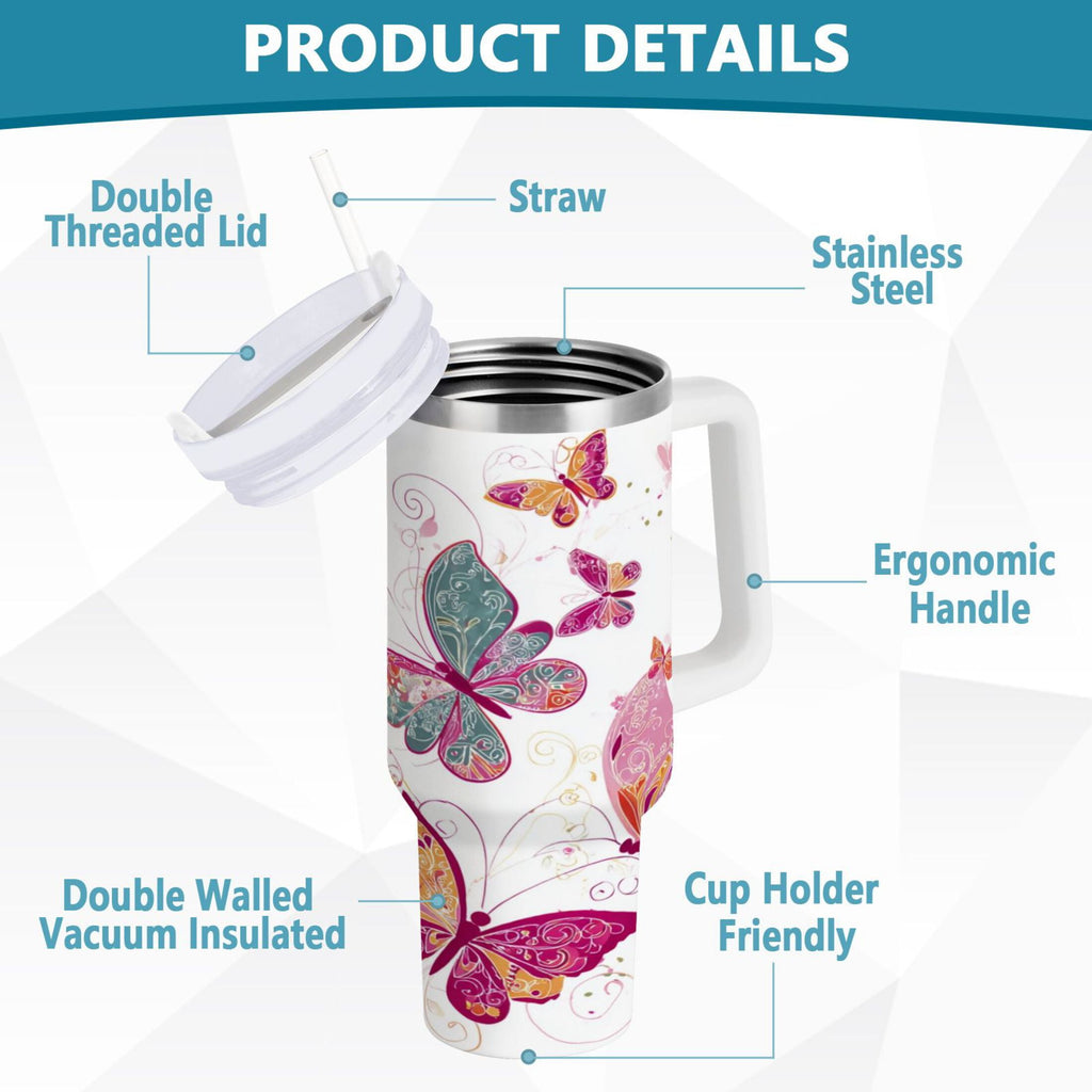 30 oz Insulated Stainless Steel Tumbler Double Wall Stainless Steel Tumbler with 2-Way Drinking Colorful Butterflies C605L
