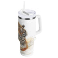 30 oz Insulated Stainless Steel Tumbler Double Wall Stainless Steel Tumbler with 2-Way Drinking Tiger in Action C457T