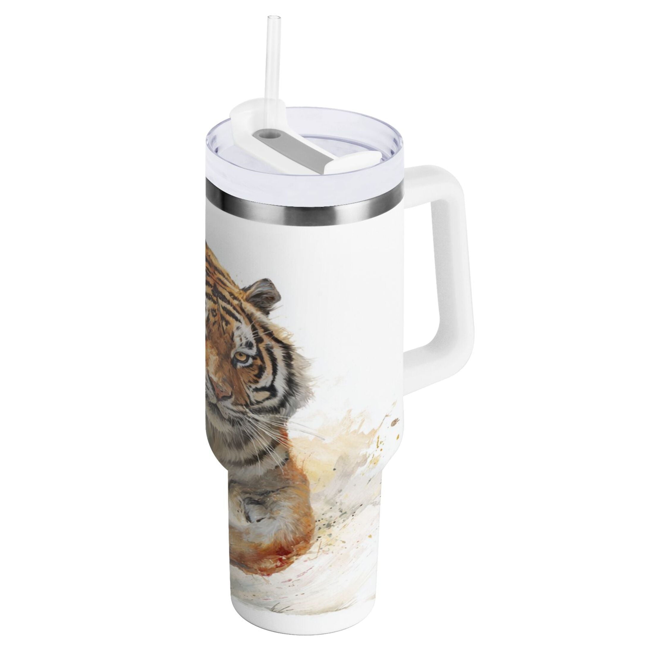 30 oz Insulated Stainless Steel Tumbler Double Wall Stainless Steel Tumbler with 2-Way Drinking Tiger in Action C457T