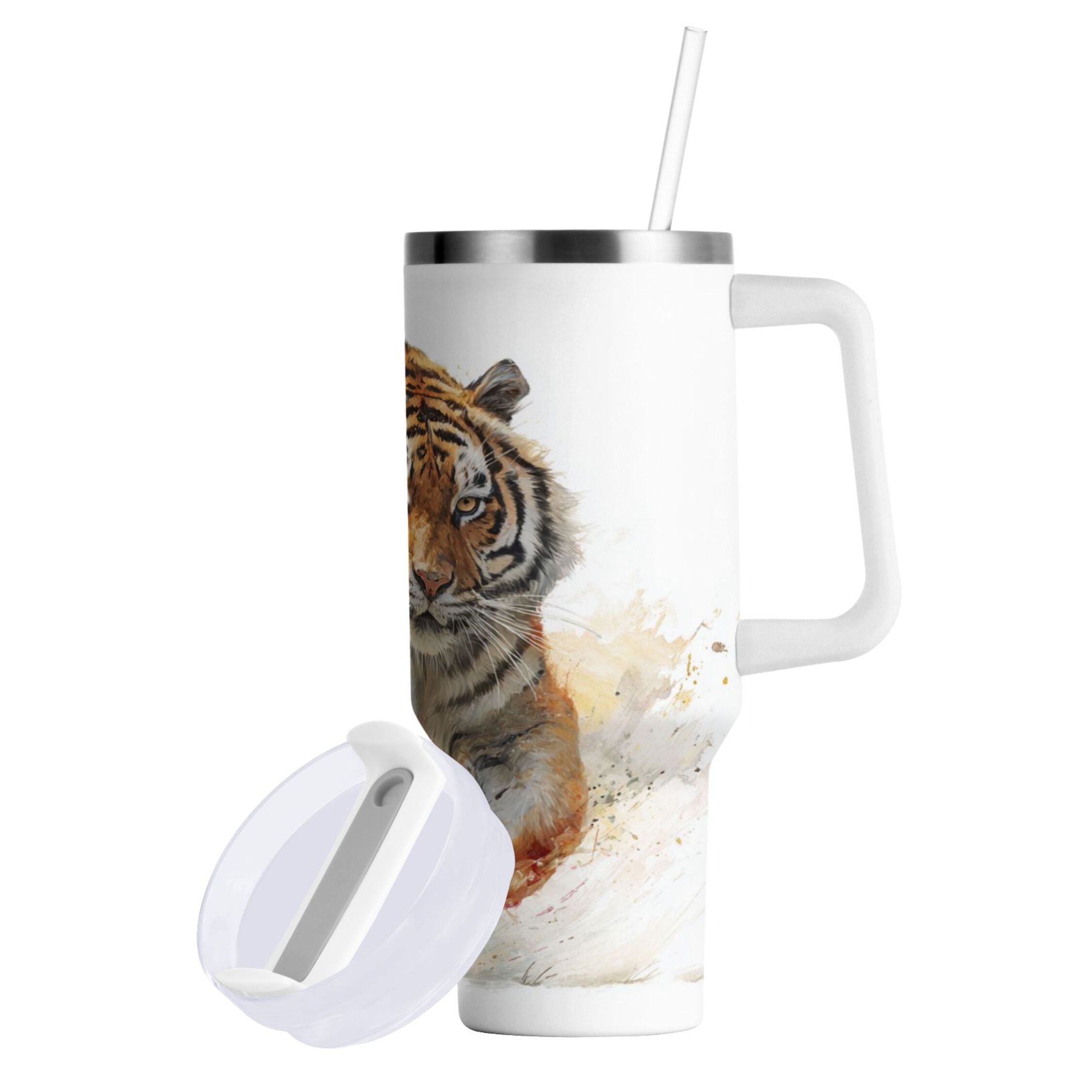 30 oz Insulated Stainless Steel Tumbler Double Wall Stainless Steel Tumbler with 2-Way Drinking Tiger in Action C457T