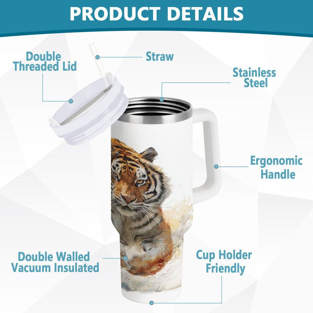 30 oz Insulated Stainless Steel Tumbler Double Wall Stainless Steel Tumbler with 2-Way Drinking Tiger in Action C457T