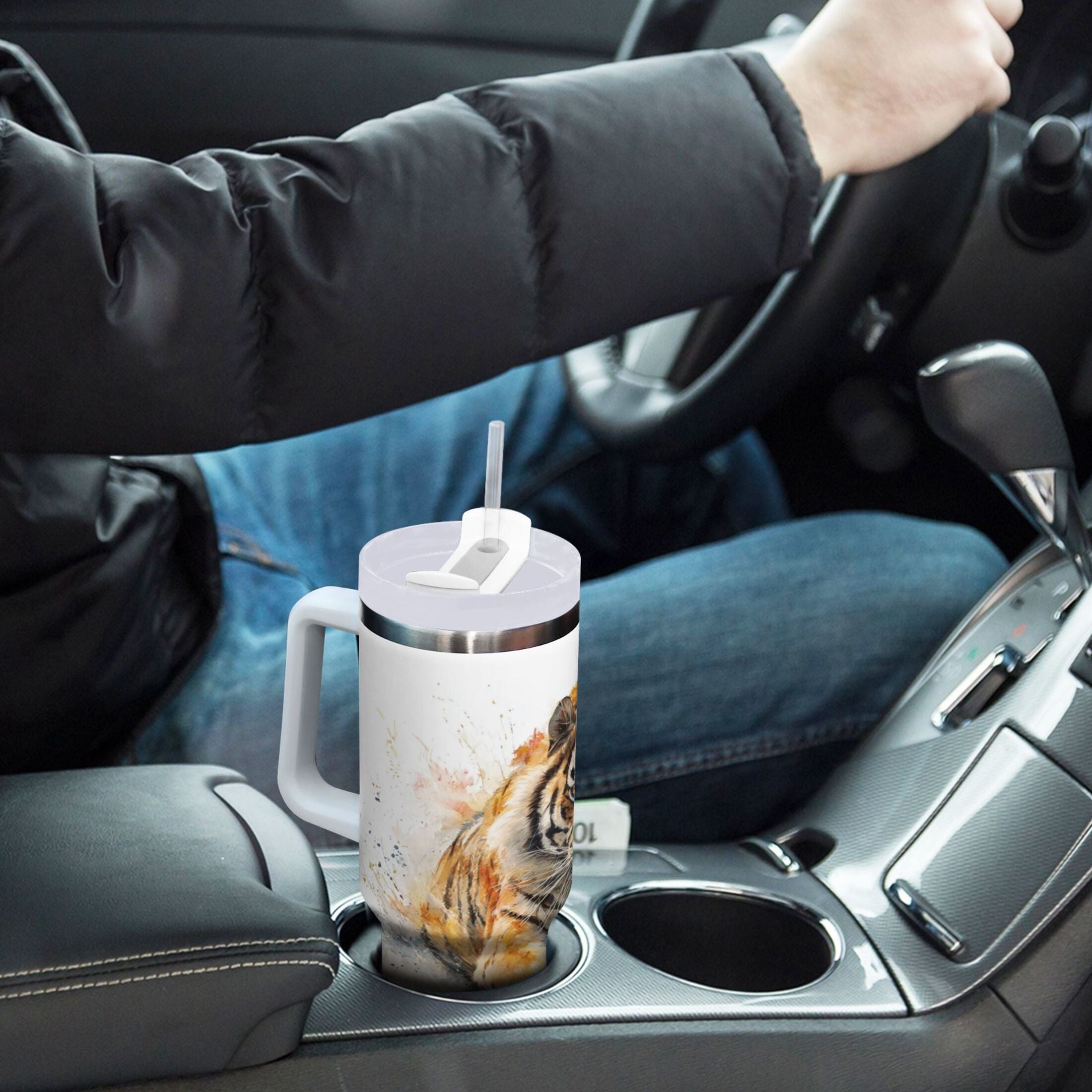 30 oz Insulated Stainless Steel Tumbler Double Wall Stainless Steel Tumbler with 2-Way Drinking Tiger in Action C457T