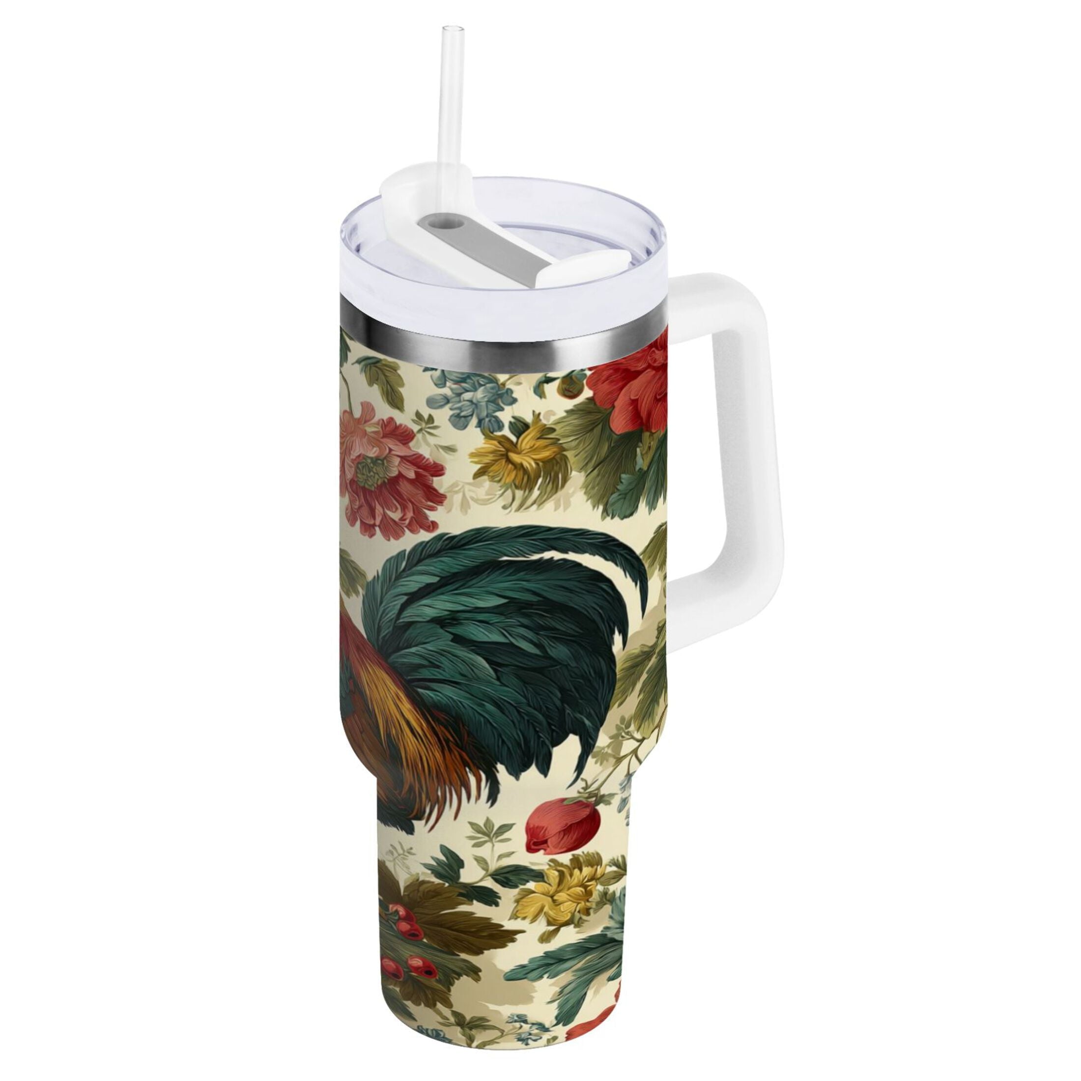 40 oz Insulated Stainless Steel Tumbler Double Wall Stainless Steel Tumbler with 2-Way Drinking Rooster and Vintage Floral C482L