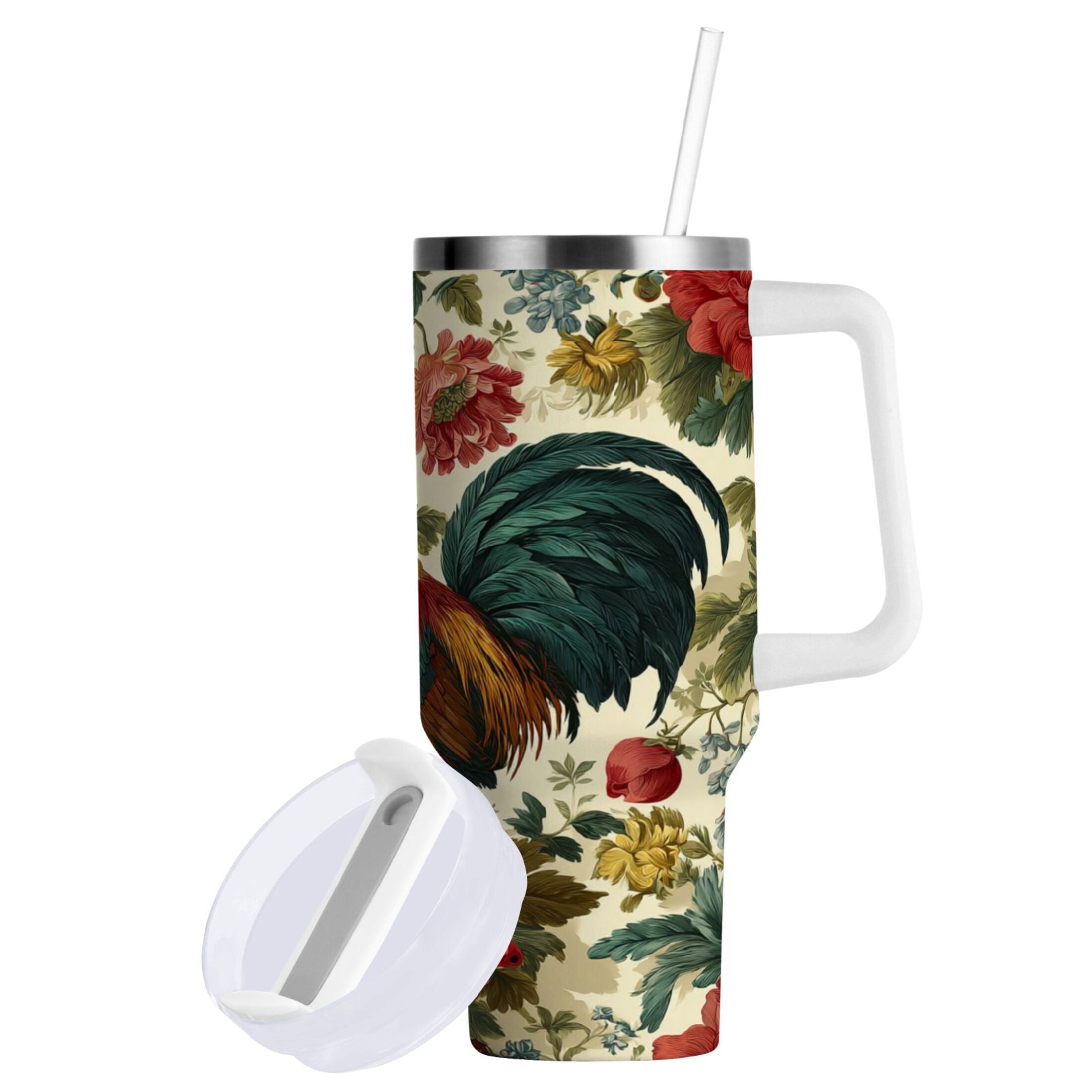 40 oz Insulated Stainless Steel Tumbler Double Wall Stainless Steel Tumbler with 2-Way Drinking Rooster and Vintage Floral C482L