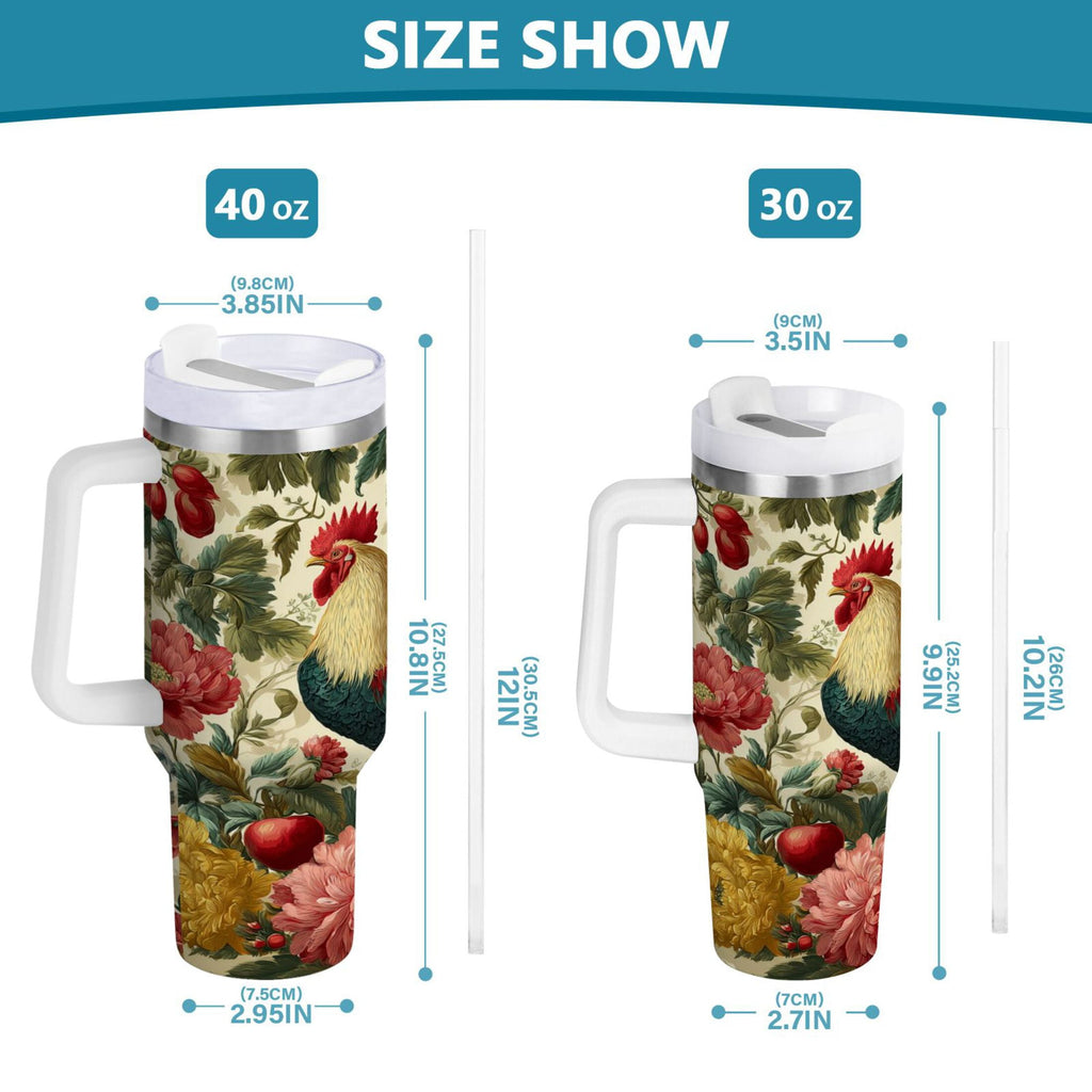 40 oz Insulated Stainless Steel Tumbler Double Wall Stainless Steel Tumbler with 2-Way Drinking Rooster and Vintage Floral C482L
