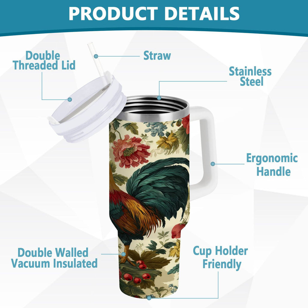 40 oz Insulated Stainless Steel Tumbler Double Wall Stainless Steel Tumbler with 2-Way Drinking Rooster and Vintage Floral C482L