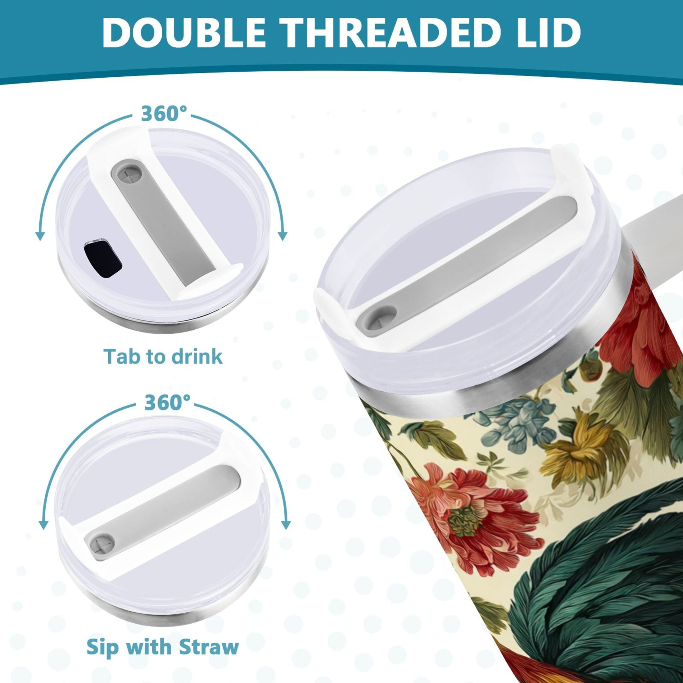 40 oz Insulated Stainless Steel Tumbler Double Wall Stainless Steel Tumbler with 2-Way Drinking Rooster and Vintage Floral C482L
