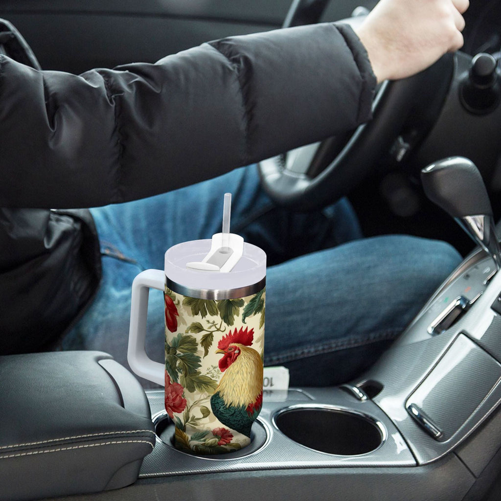 40 oz Insulated Stainless Steel Tumbler Double Wall Stainless Steel Tumbler with 2-Way Drinking Rooster and Vintage Floral C482L