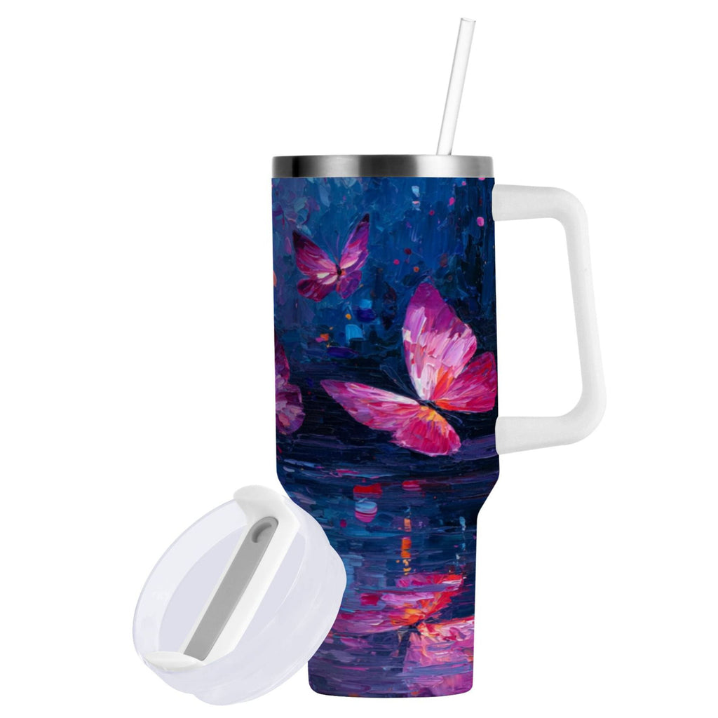 40 oz Insulated Stainless Steel Tumbler Double Wall Stainless Steel Tumbler with 2-Way Drinking Night Scene and Butterflies C488E