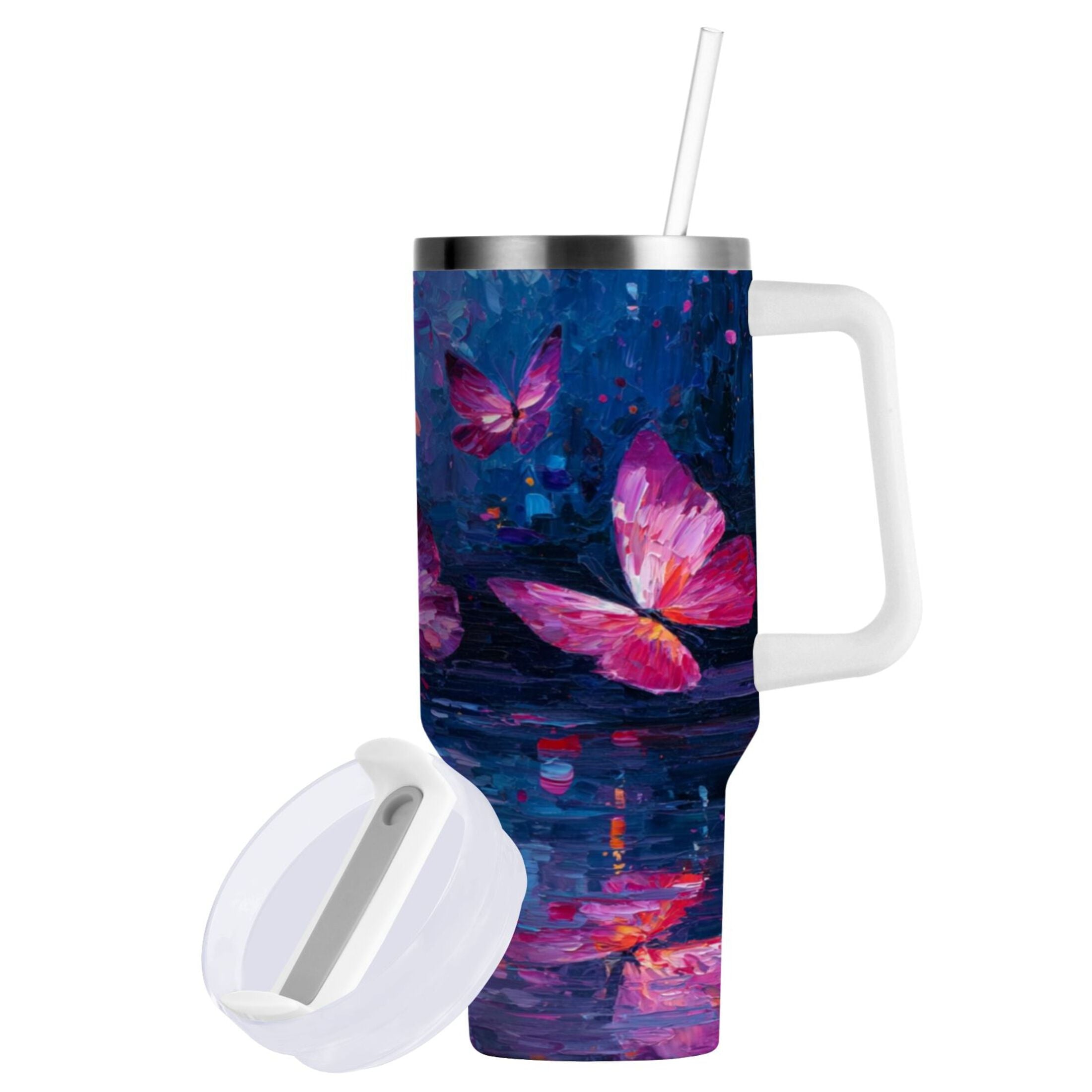 40 oz Insulated Stainless Steel Tumbler Double Wall Stainless Steel Tumbler with 2-Way Drinking Night Scene and Butterflies C488E