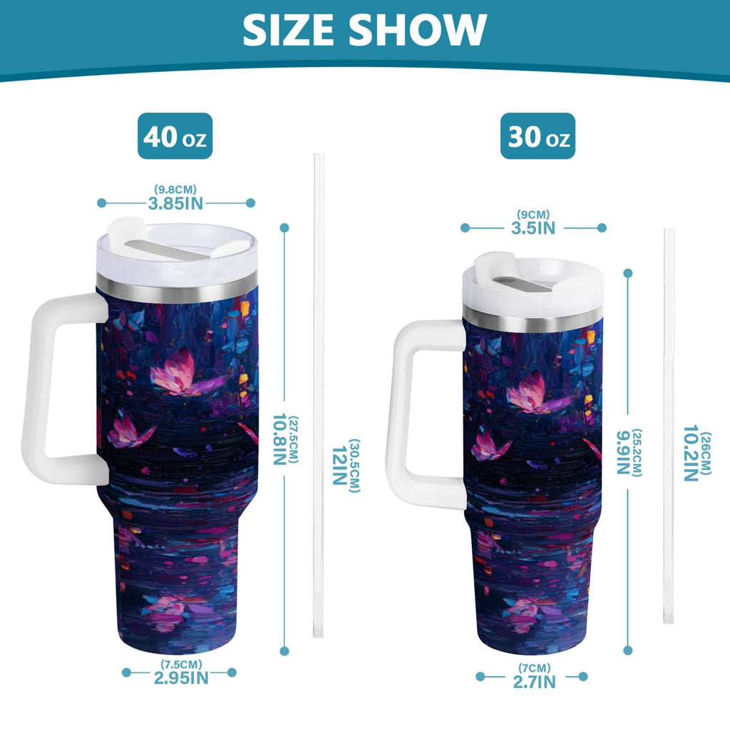 40 oz Insulated Stainless Steel Tumbler Double Wall Stainless Steel Tumbler with 2-Way Drinking Night Scene and Butterflies C488E