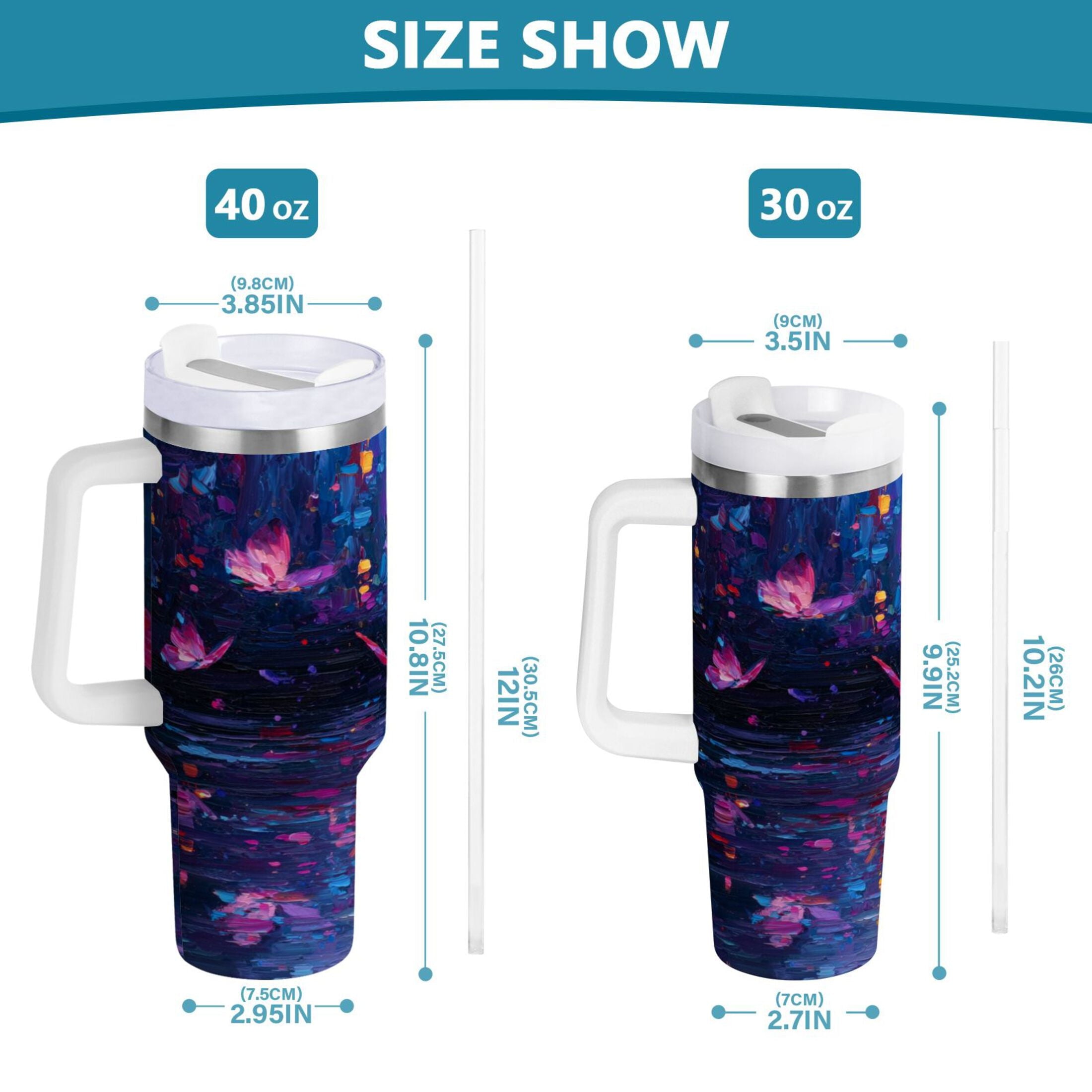 40 oz Insulated Stainless Steel Tumbler Double Wall Stainless Steel Tumbler with 2-Way Drinking Night Scene and Butterflies C488E