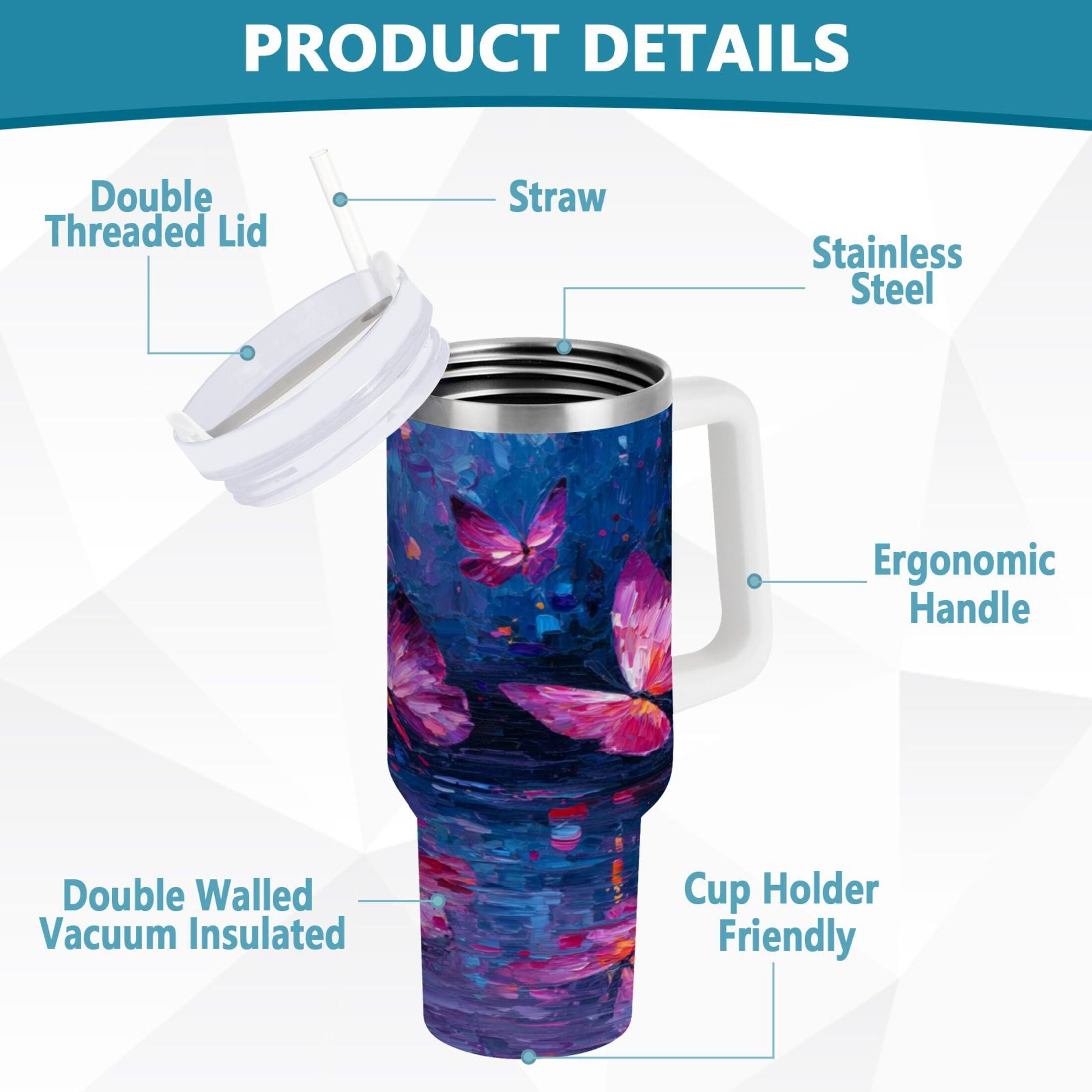 40 oz Insulated Stainless Steel Tumbler Double Wall Stainless Steel Tumbler with 2-Way Drinking Night Scene and Butterflies C488E