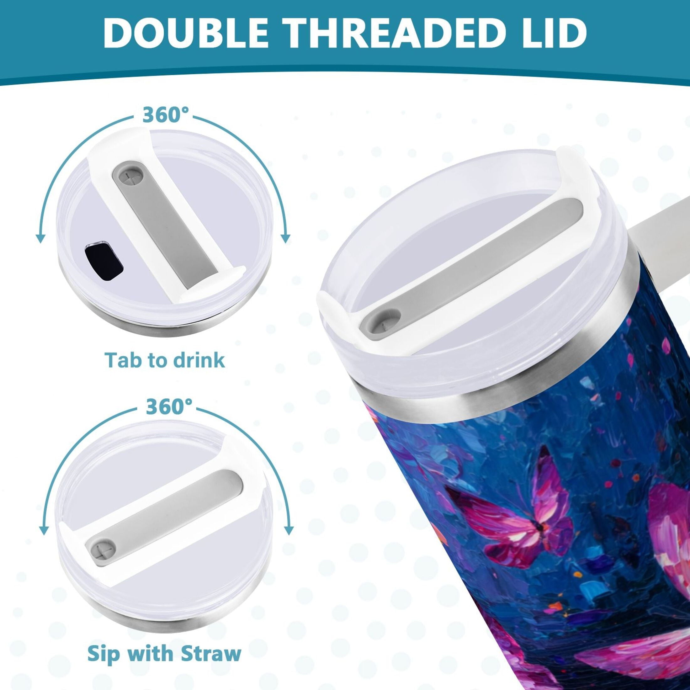 40 oz Insulated Stainless Steel Tumbler Double Wall Stainless Steel Tumbler with 2-Way Drinking Night Scene and Butterflies C488E