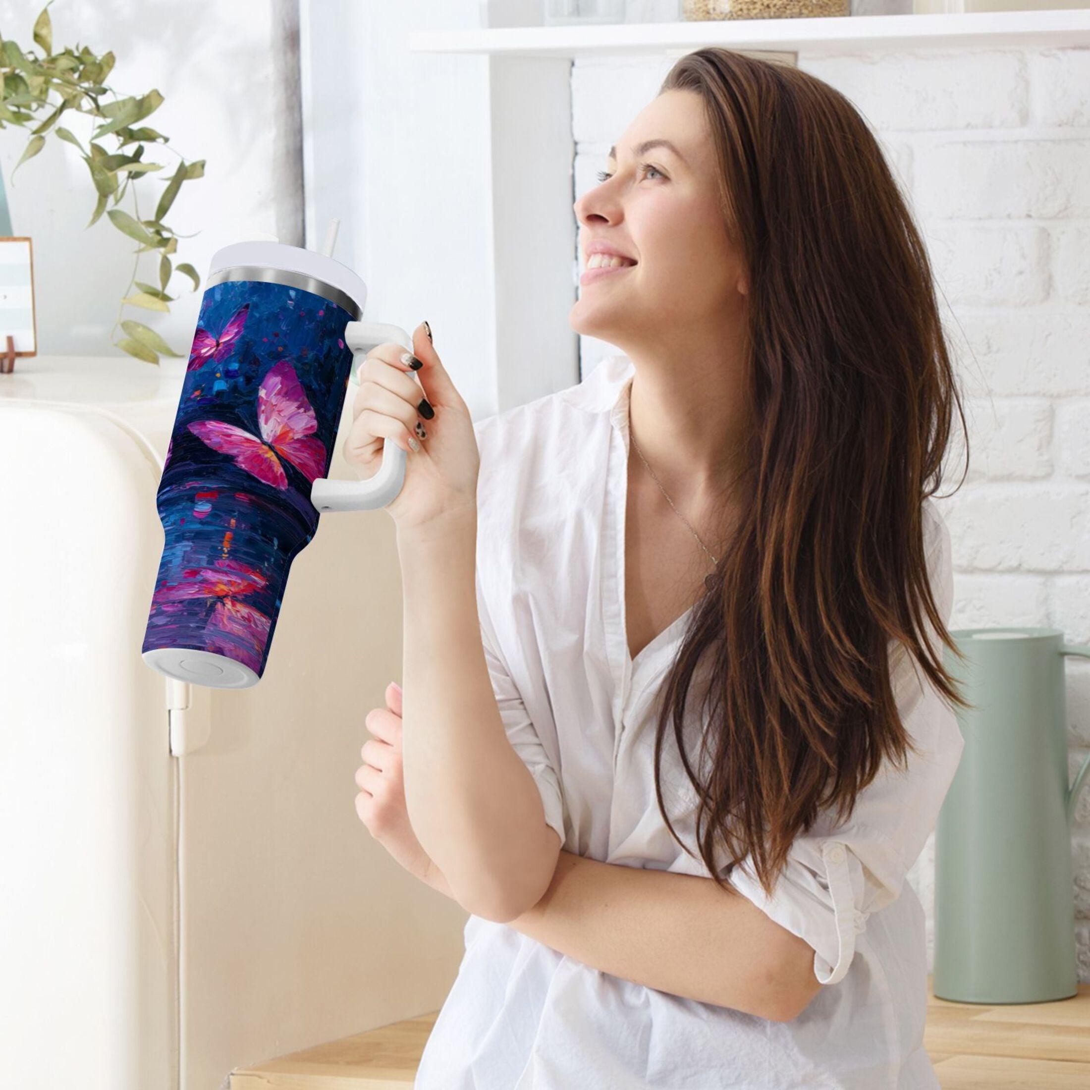 40 oz Insulated Stainless Steel Tumbler Double Wall Stainless Steel Tumbler with 2-Way Drinking Night Scene and Butterflies C488E