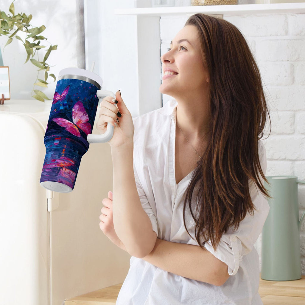 40 oz Insulated Stainless Steel Tumbler Double Wall Stainless Steel Tumbler with 2-Way Drinking Night Scene and Butterflies C488E