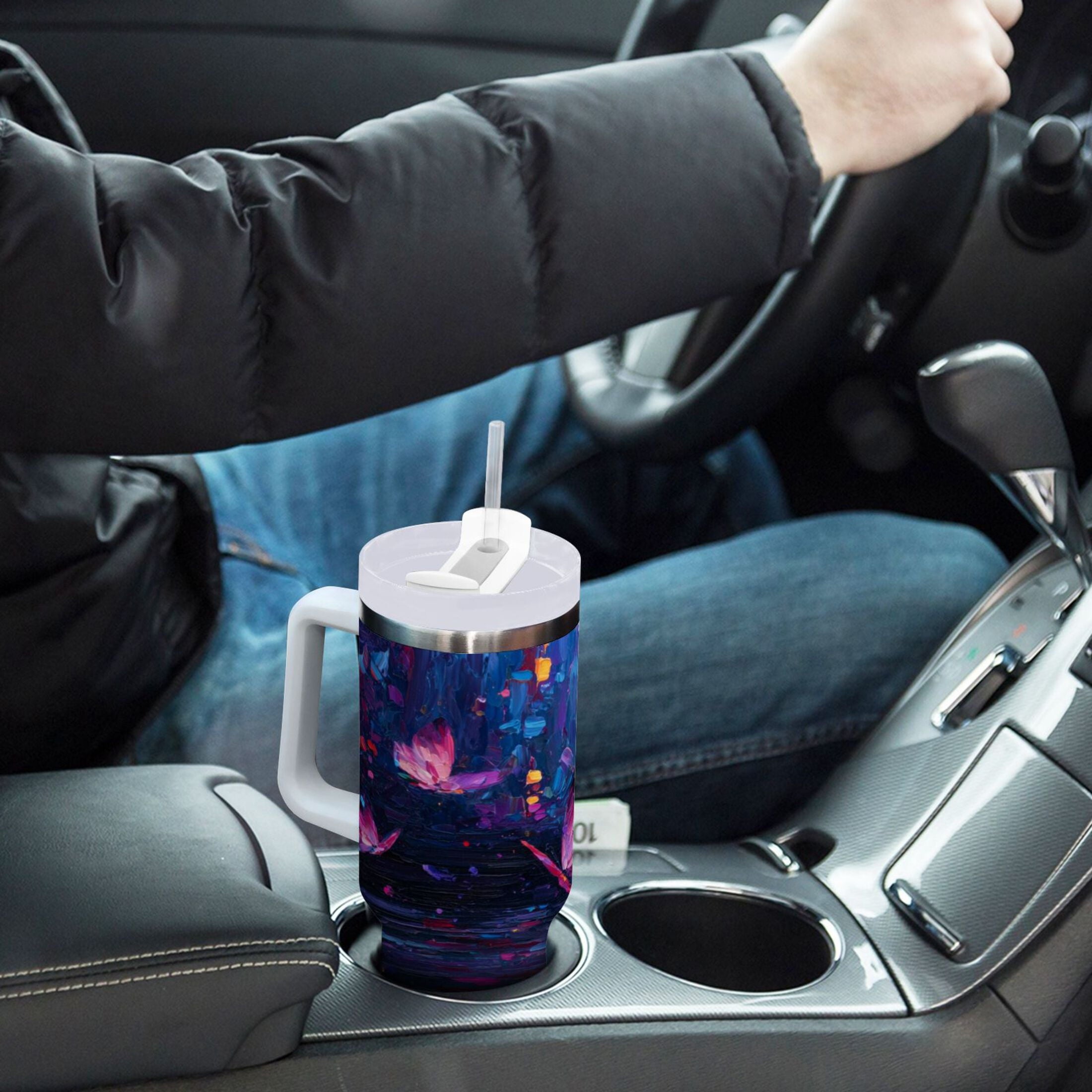 40 oz Insulated Stainless Steel Tumbler Double Wall Stainless Steel Tumbler with 2-Way Drinking Night Scene and Butterflies C488E