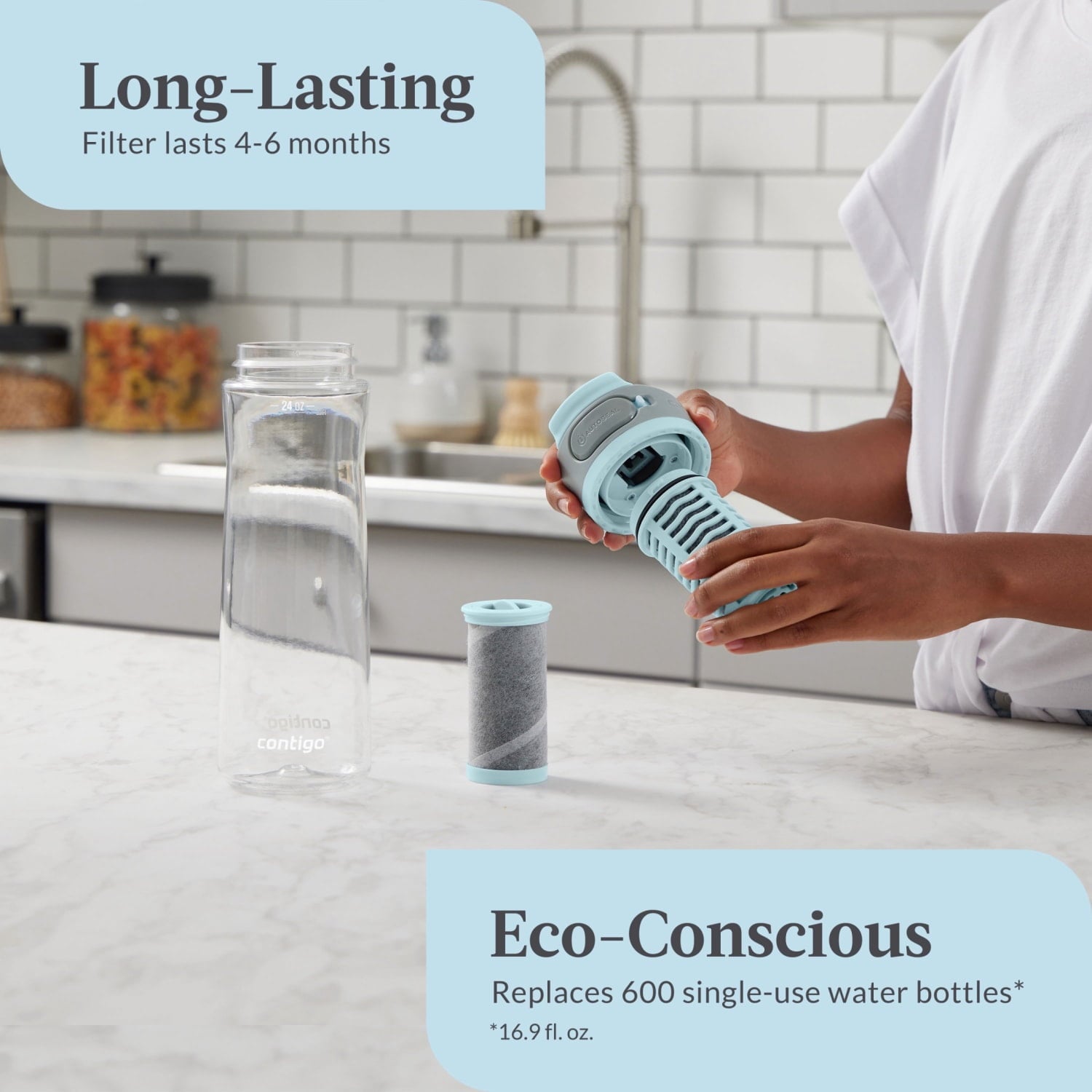 (2 pack) Contigo Clybourn Plastic FreeFlow Filter Water Bottle with AUTOSEAL Lid 24 oz., Salt, with Replacable Filter C053V