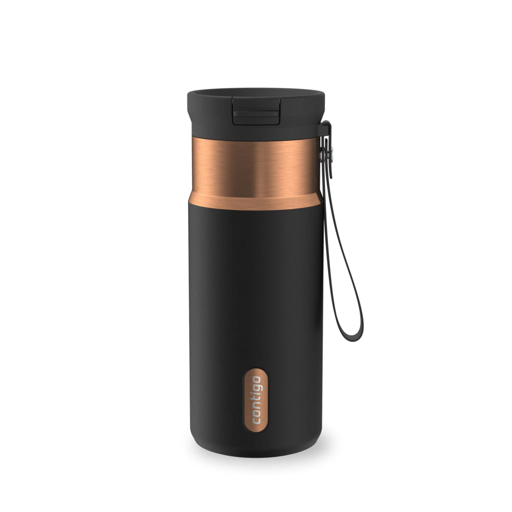 Contigo SnapSeal Leakproof Stainless Steel Reusable Water Bottle with Carrying Strap, Black/Bronze, 16 oz C065A