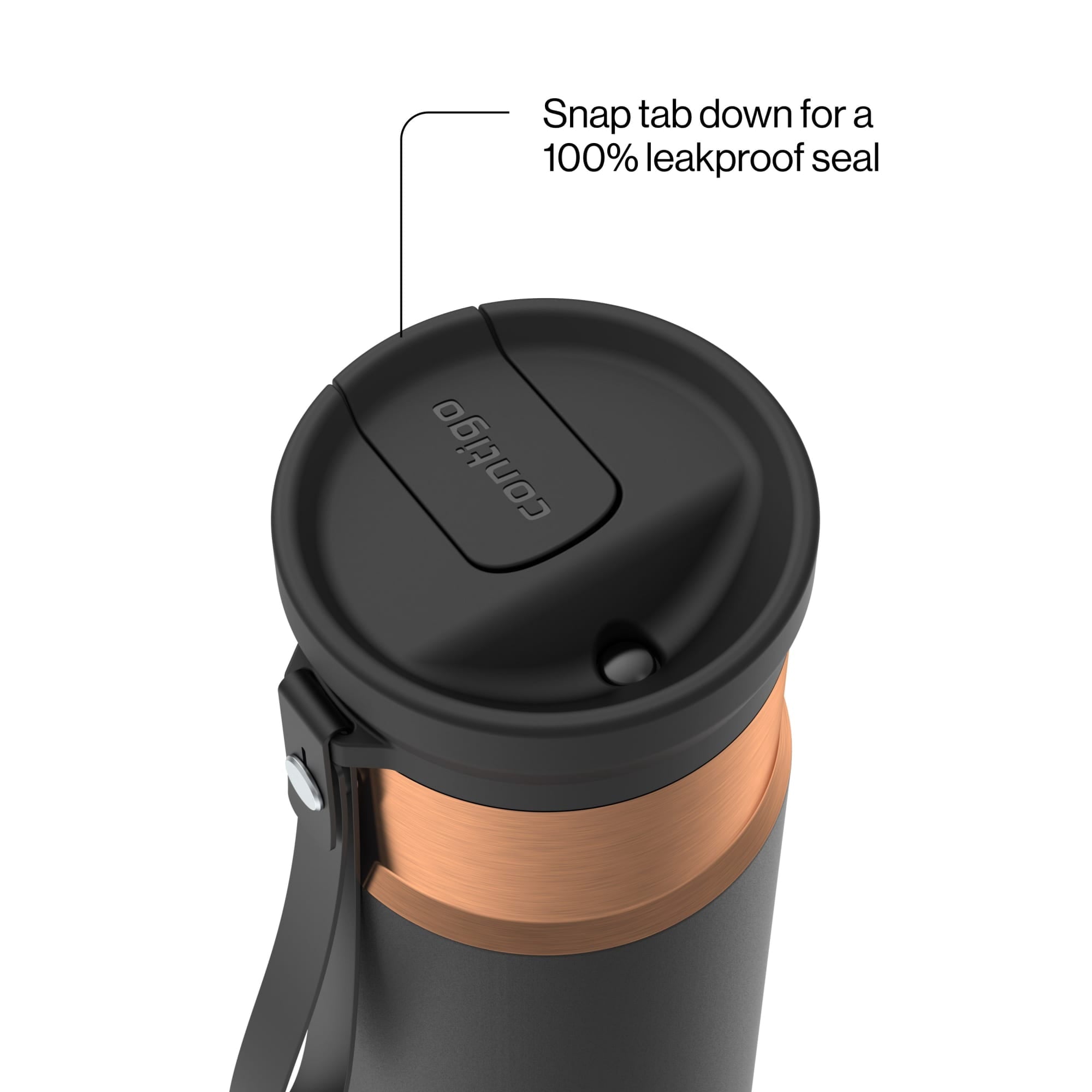 Contigo SnapSeal Leakproof Stainless Steel Reusable Water Bottle with Carrying Strap, Black/Bronze, 16 oz C065A