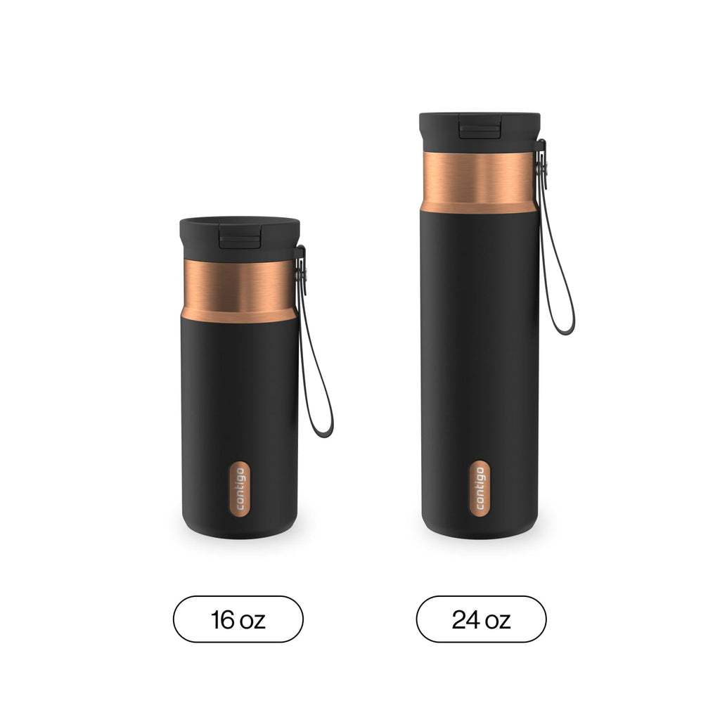 Contigo SnapSeal Leakproof Stainless Steel Reusable Water Bottle with Carrying Strap, Black/Bronze, 16 oz C065A