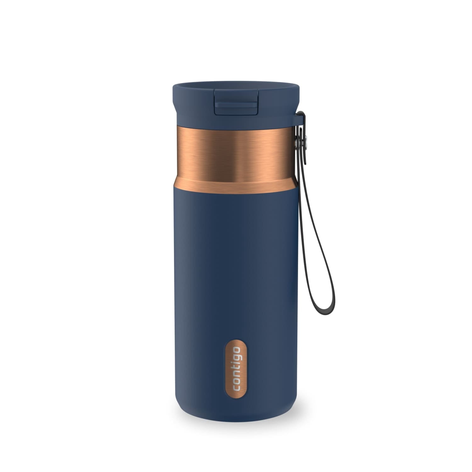 Contigo SnapSeal Leakproof Stainless Steel Reusable Water Bottle with Carrying Strap, Black/Bronze, 16 oz C065A