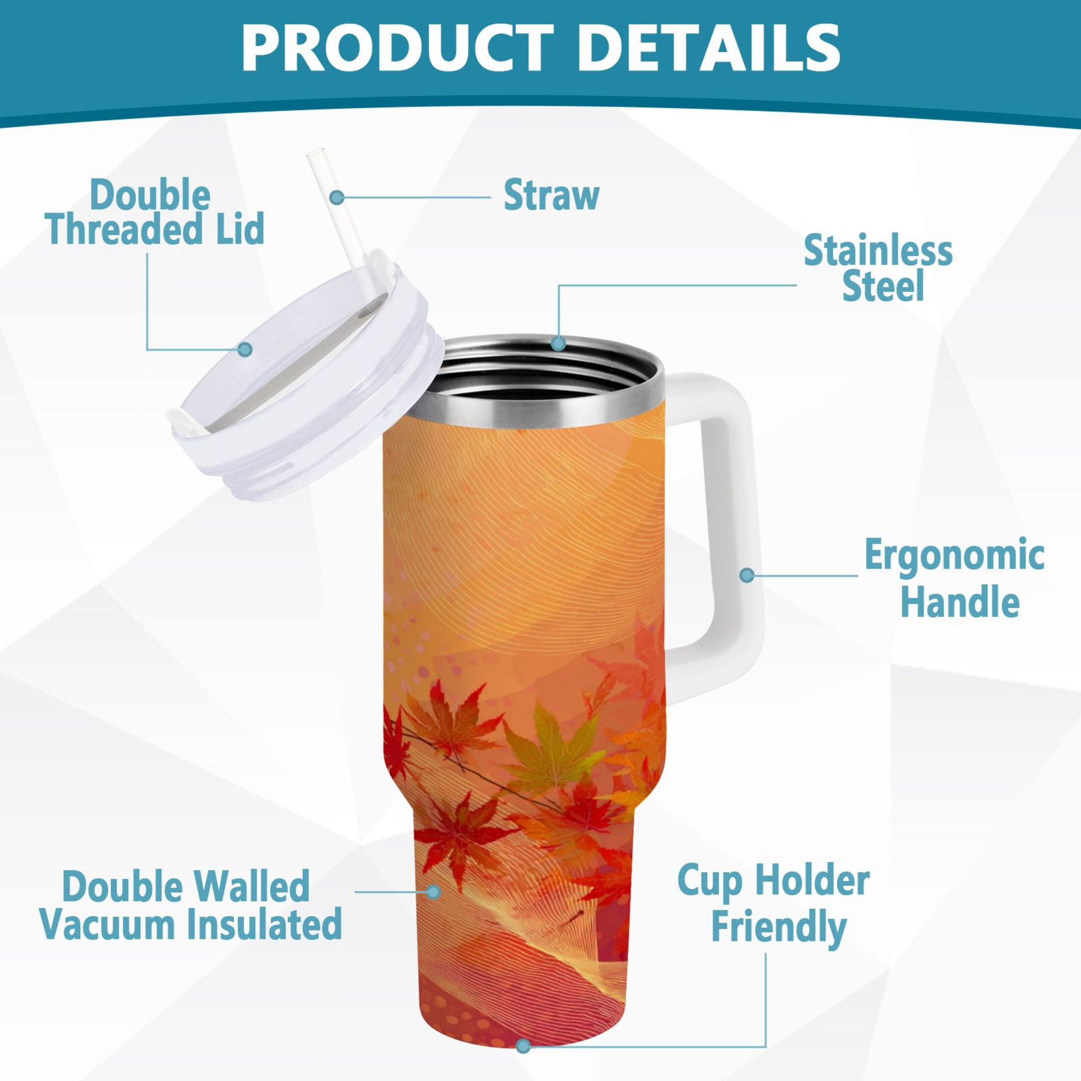 40 oz Insulated Stainless Steel Tumbler Double Wall Stainless Steel Tumbler with 2-Way Drinking Red Maple Leaves in Autumn C475K
