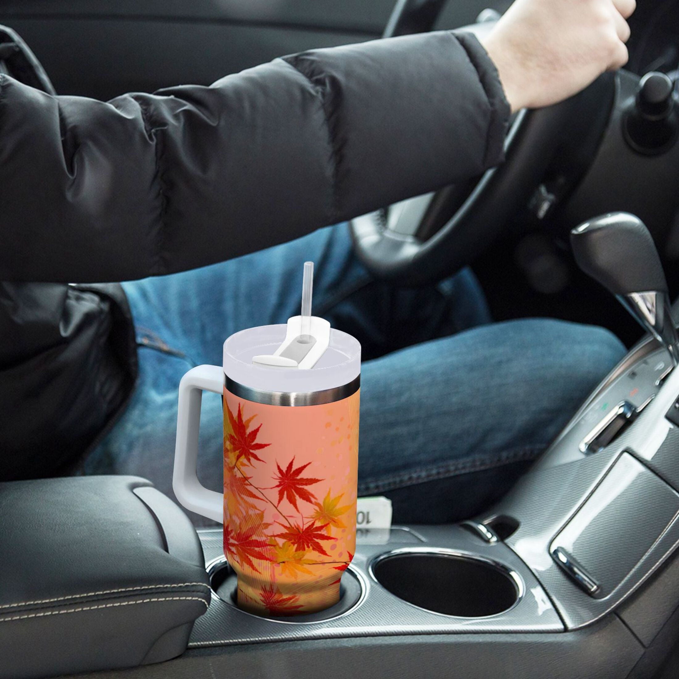 40 oz Insulated Stainless Steel Tumbler Double Wall Stainless Steel Tumbler with 2-Way Drinking Red Maple Leaves in Autumn C475K