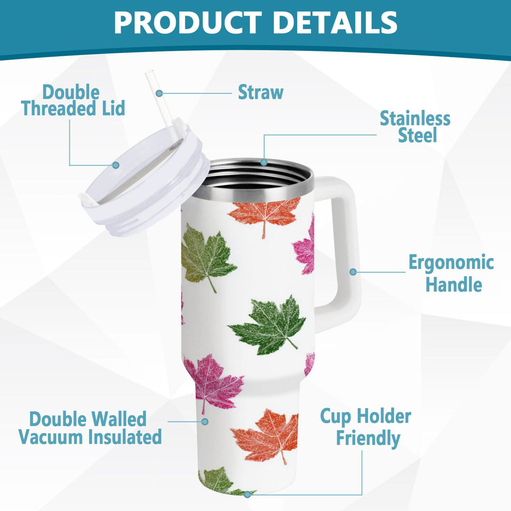 40 oz Insulated Stainless Steel Tumbler Double Wall Stainless Steel Tumbler with 2-Way Drinking Pink Maple Leaf C459J