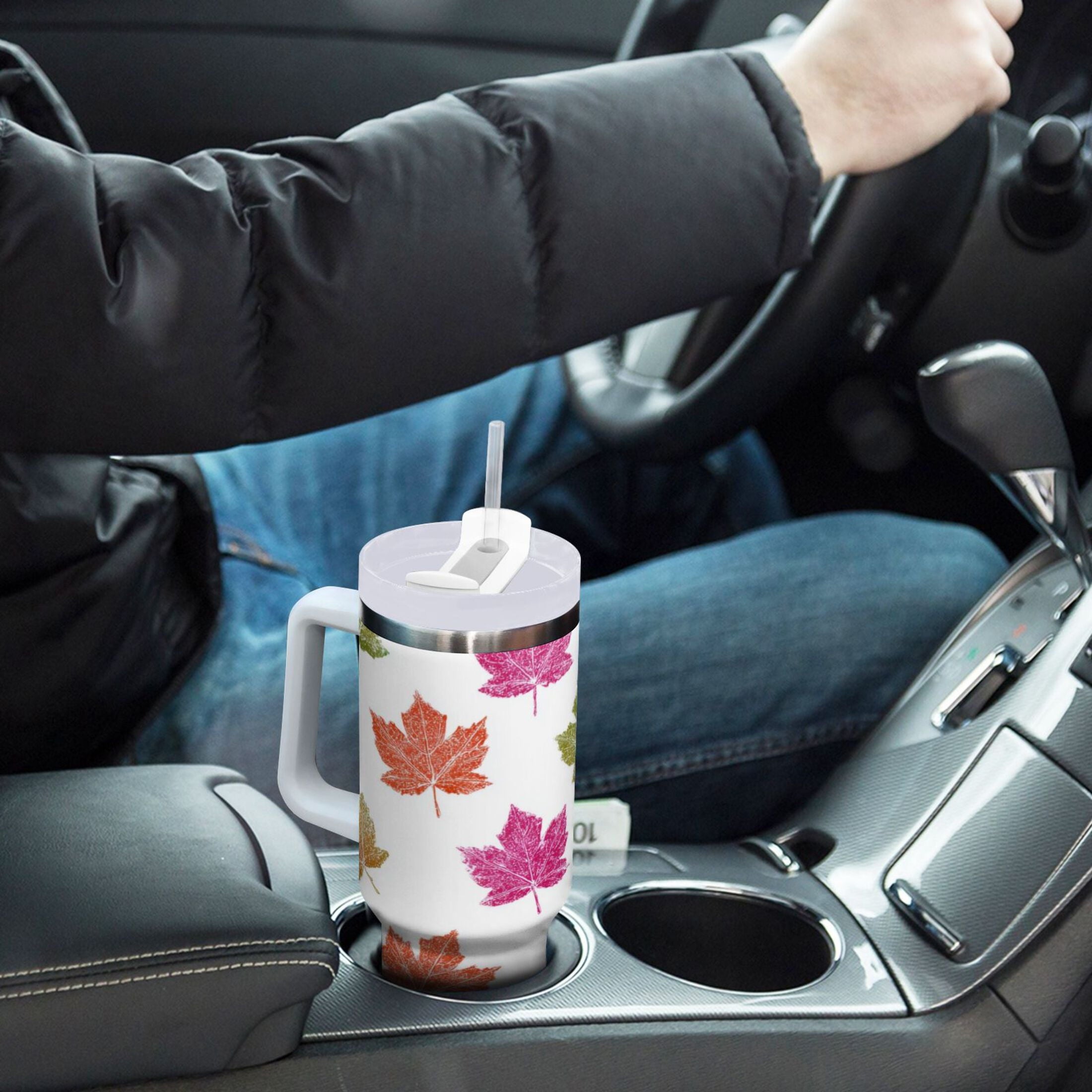 40 oz Insulated Stainless Steel Tumbler Double Wall Stainless Steel Tumbler with 2-Way Drinking Pink Maple Leaf C459J